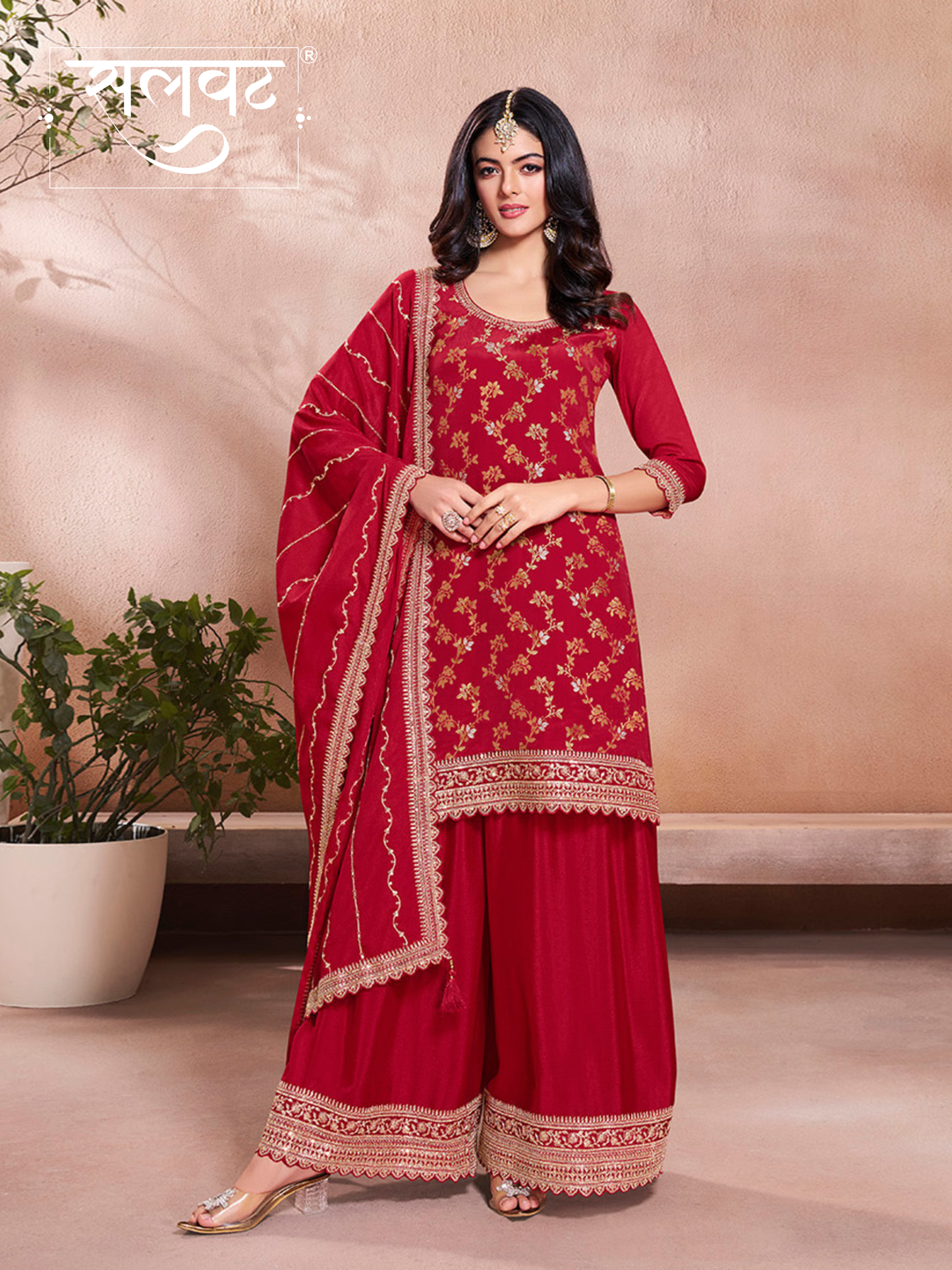 Red Jacquard Embroidery Sharara Suit Set