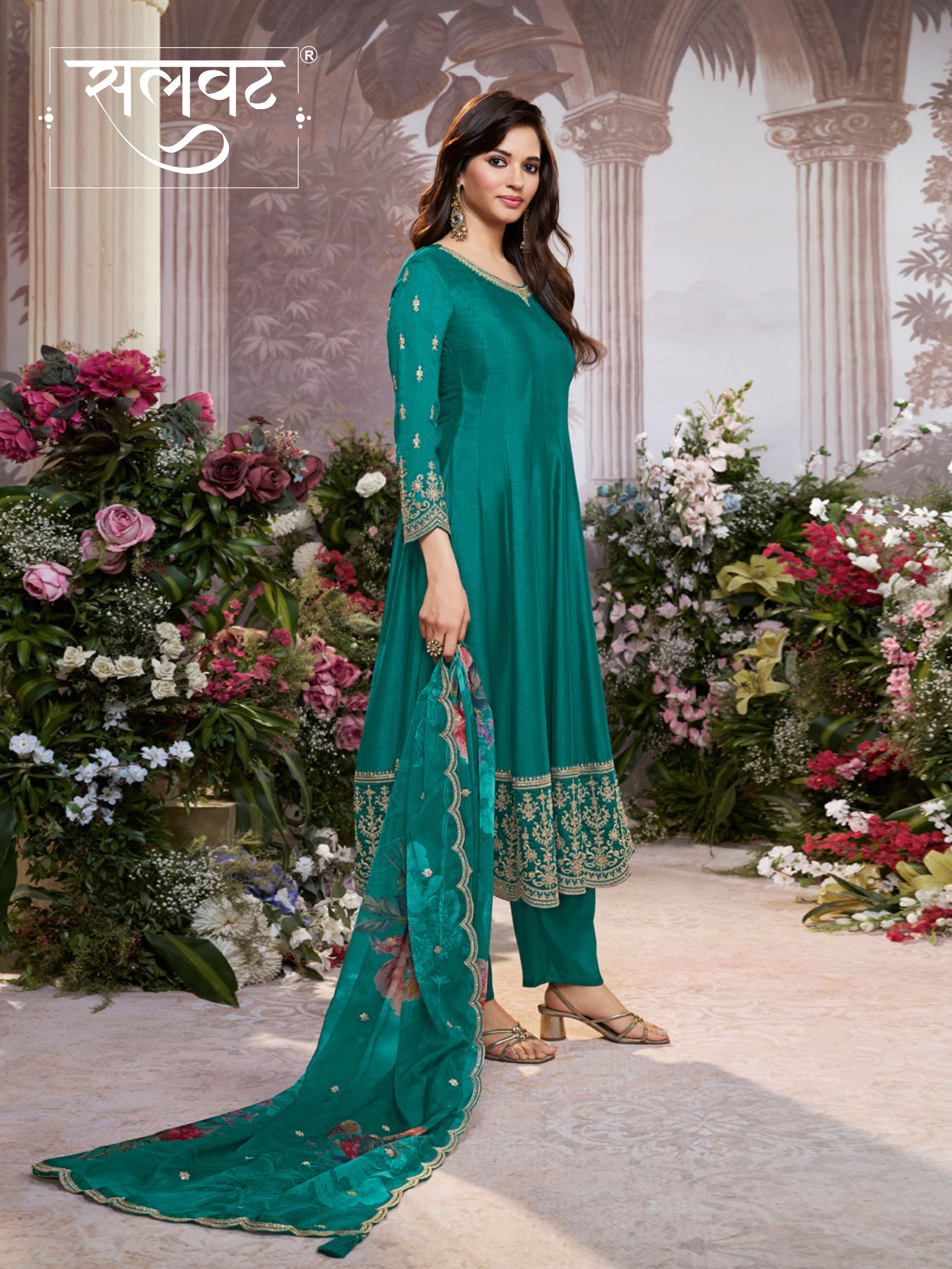 Green Vichitra Silk Embroidered Anarkali Set with Digital Printed Chiffon Dupatta