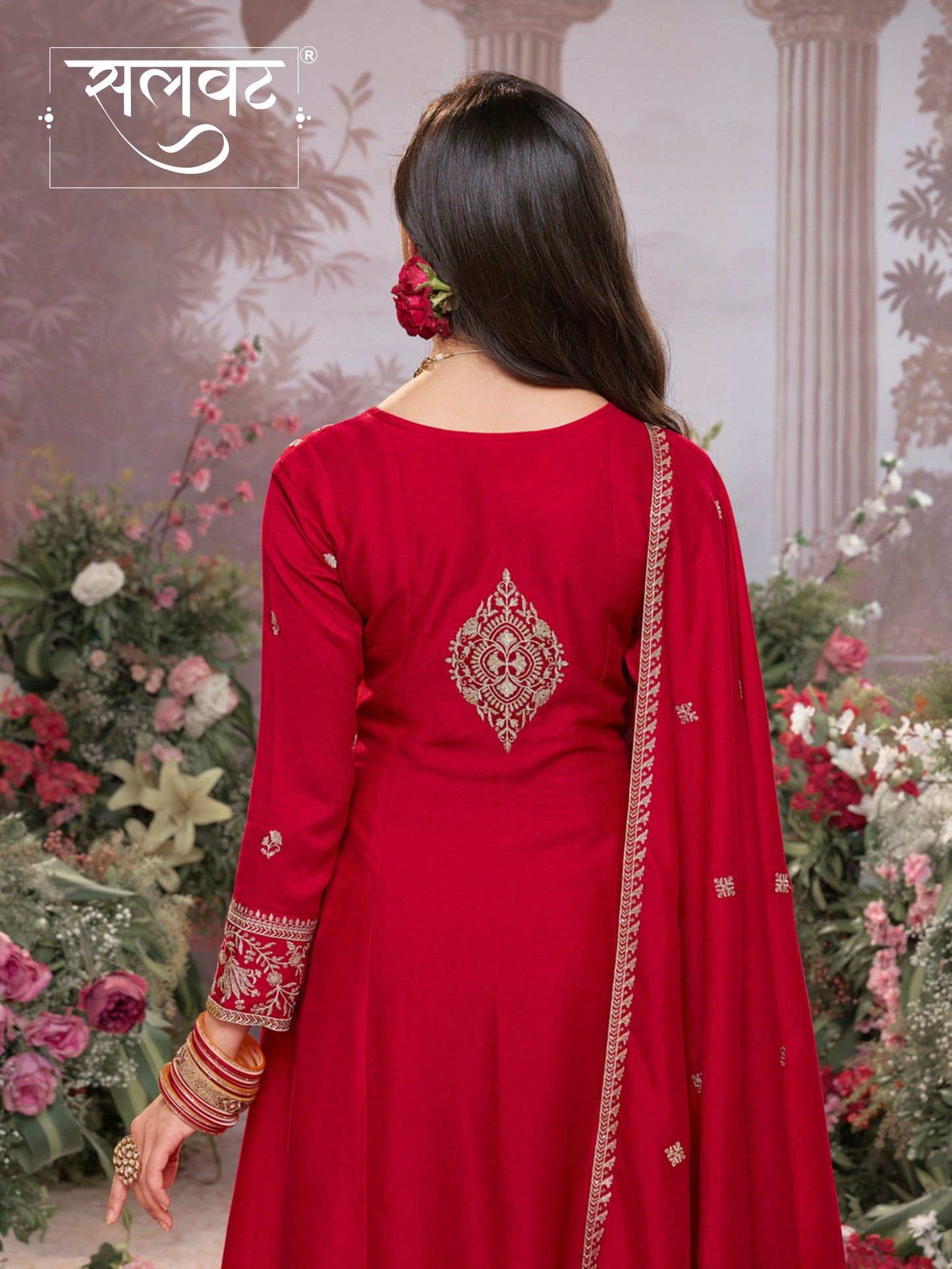 Red Vichitra Silk Kurta Suit Set with Embroidered Work Paired with Vichitra Silk Dupatta with Embroidered Work
