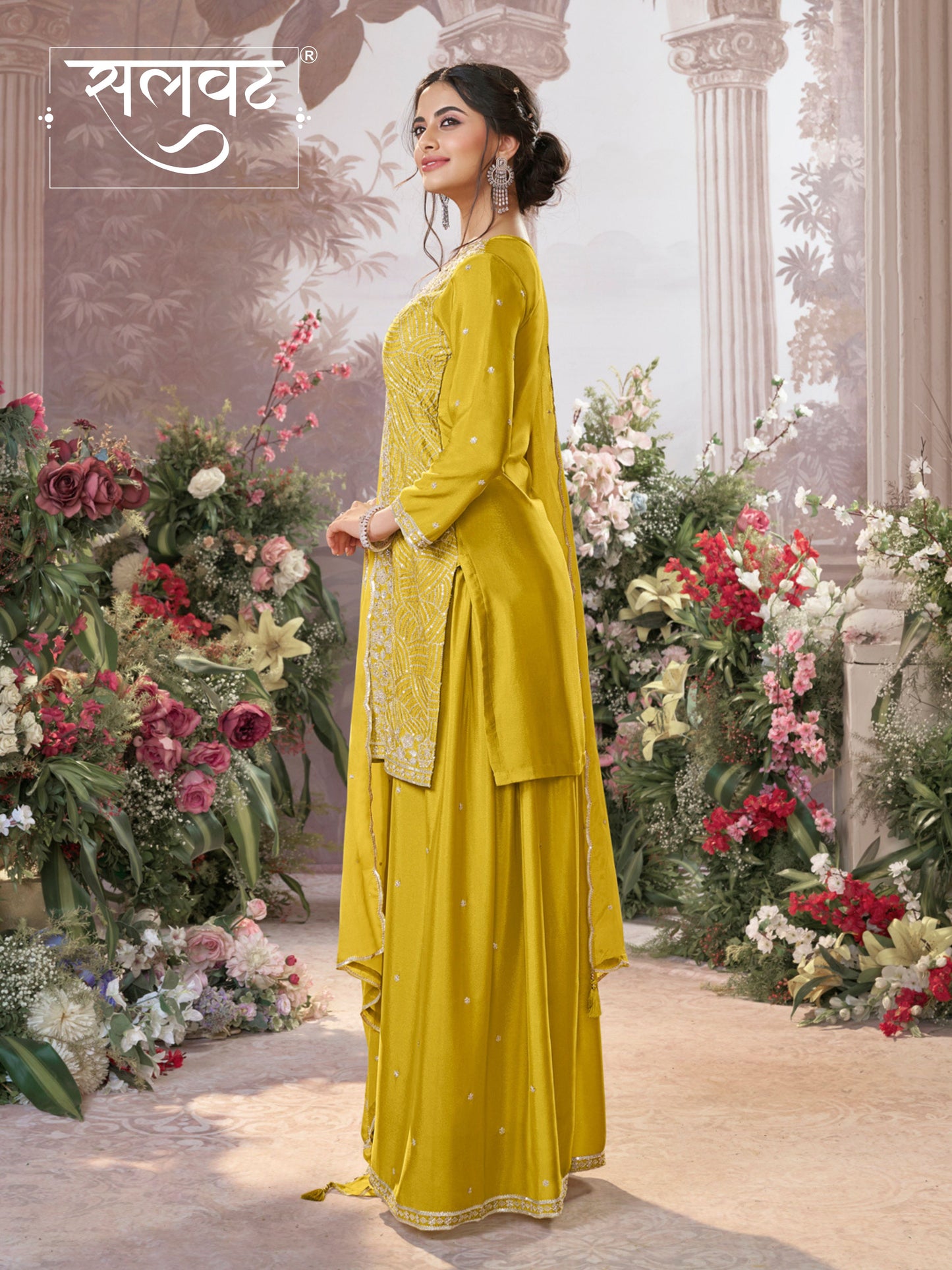 Yellow Chinon Embroidered Sharara Suit with Butti Work and Sequins Scalloped Border Dupatta