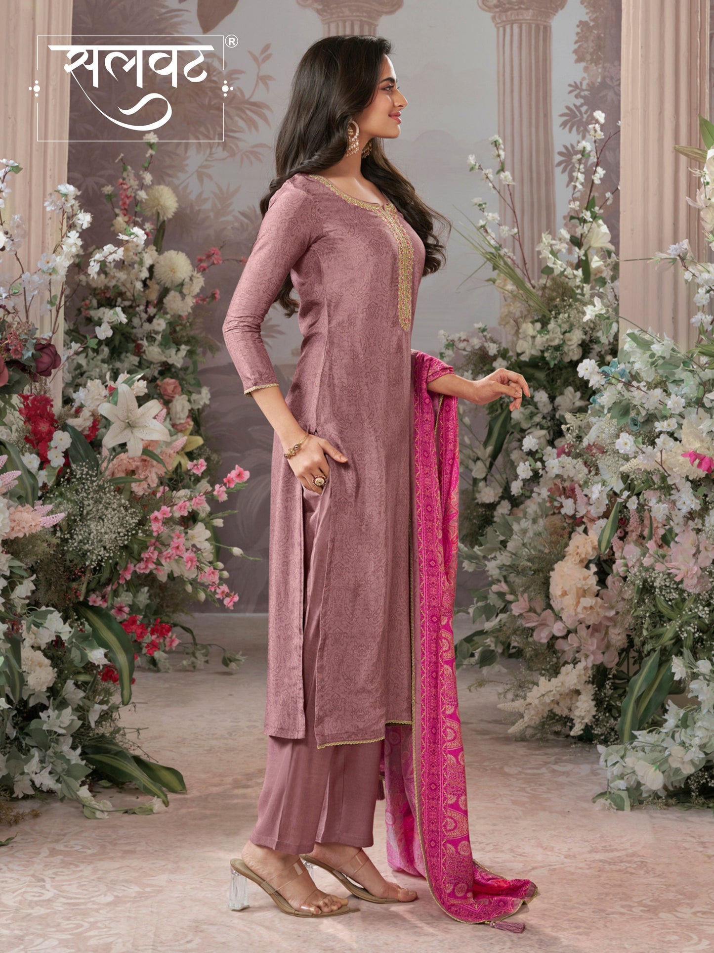 Dusty Rose Russian Silk Kurta With Digital Print Work Paired With Russian Milk Digital Print Contrast Dupatta