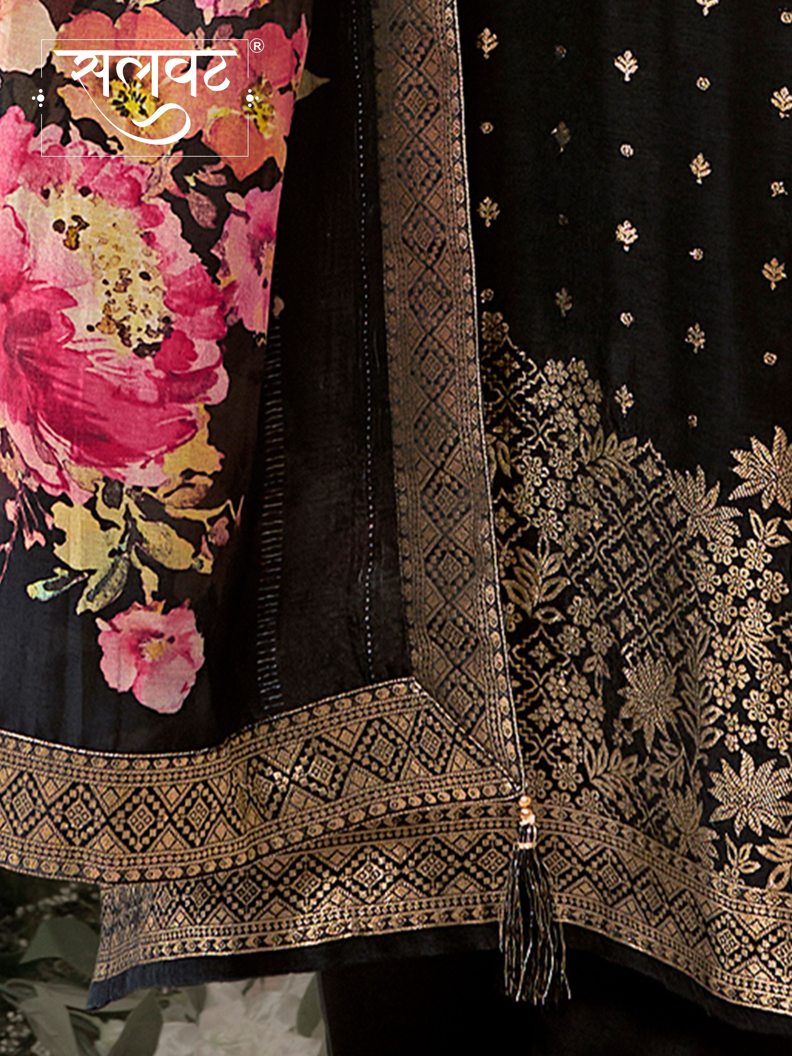 Black Dola Silk Kurta Set with Jacquard Detailing and Intricate Embroidery, Paired with a Cherry Silk Dupatta
