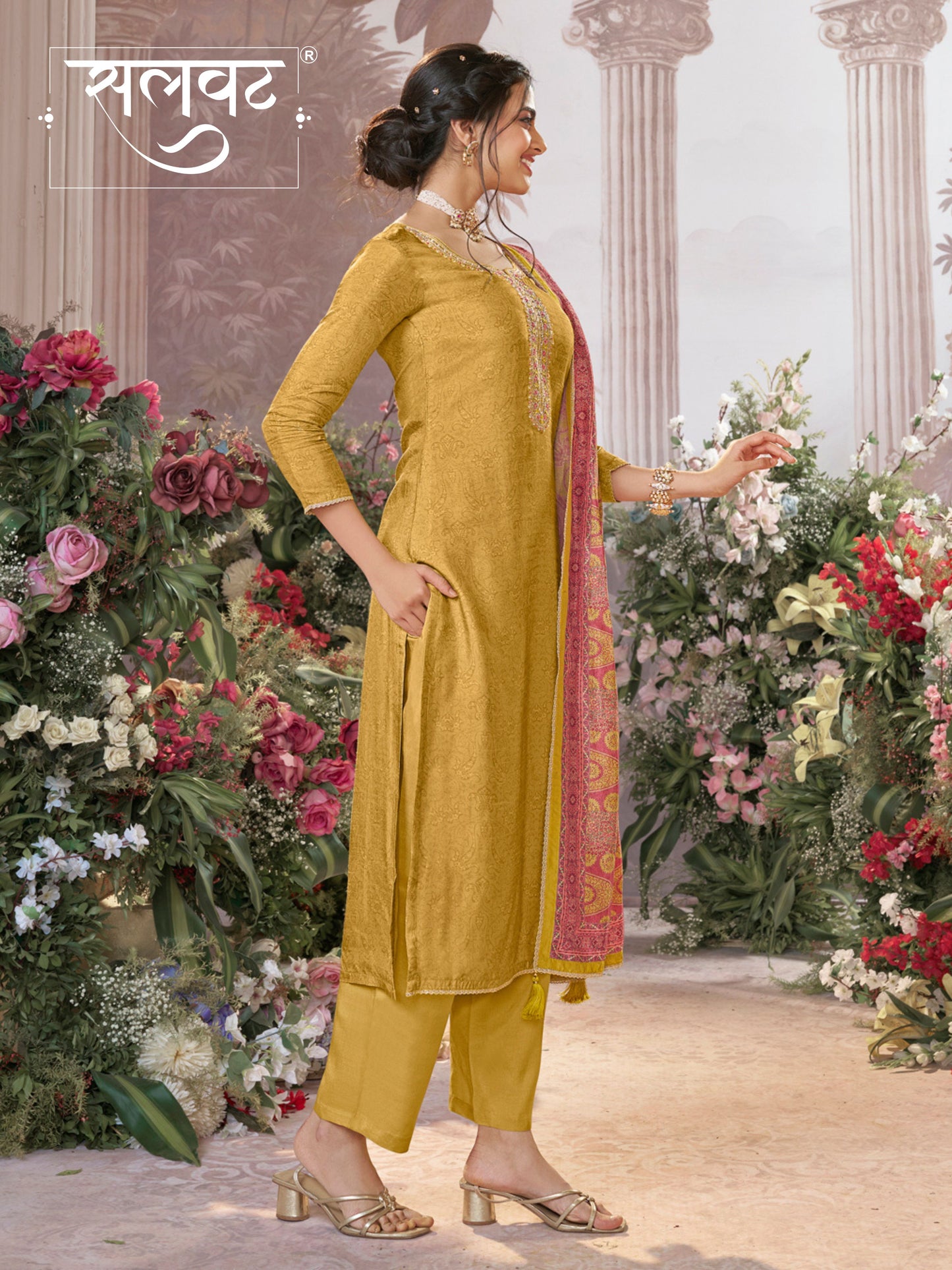 Yellow Russian Silk Kurta With Digital Print Work Paired With Russian Milk Digital Print Contrast Dupatta