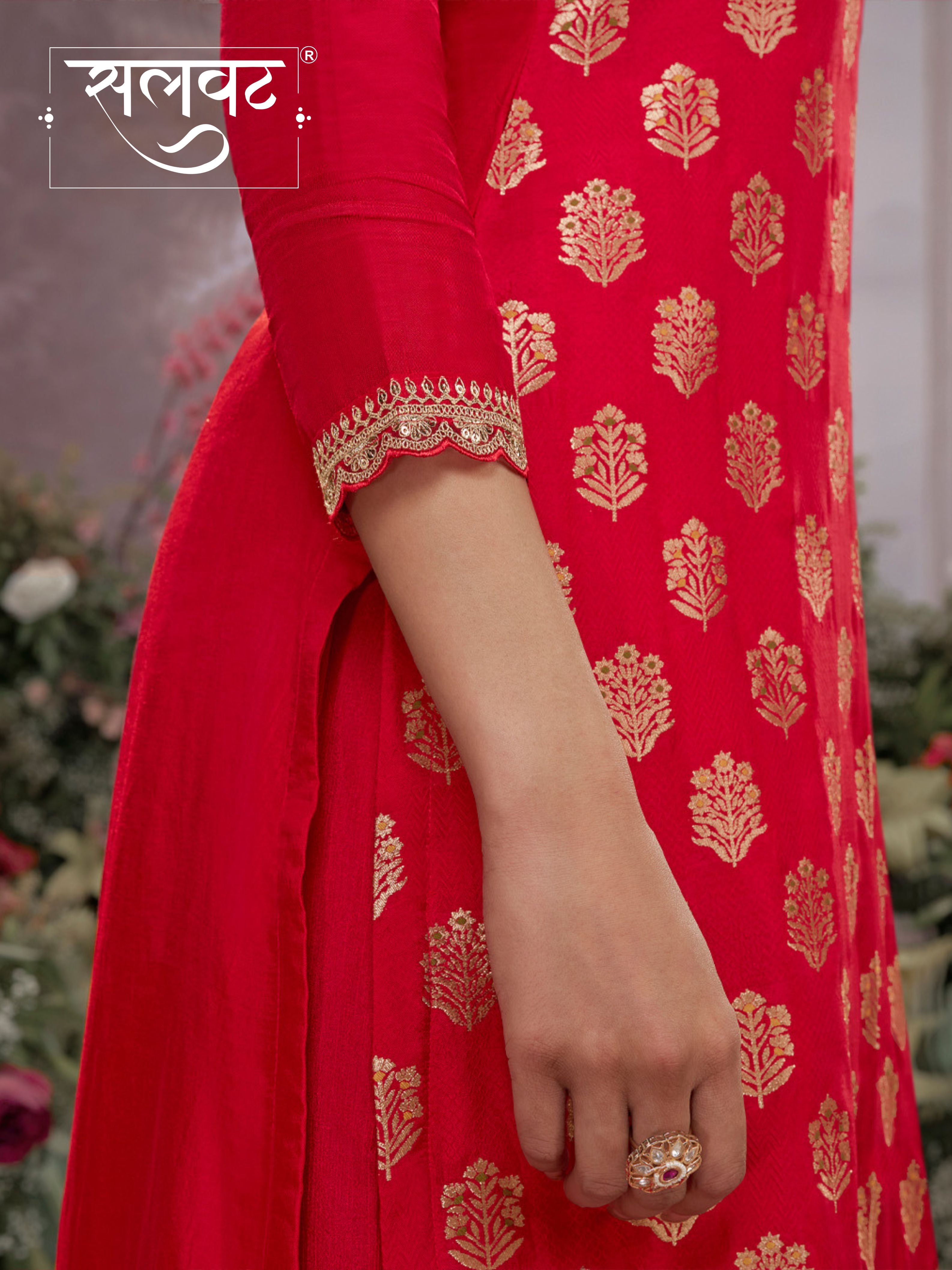 Red Dola Silk Meena Jacquard Kurta Set Paired With Embroidered Sharara Suit Set