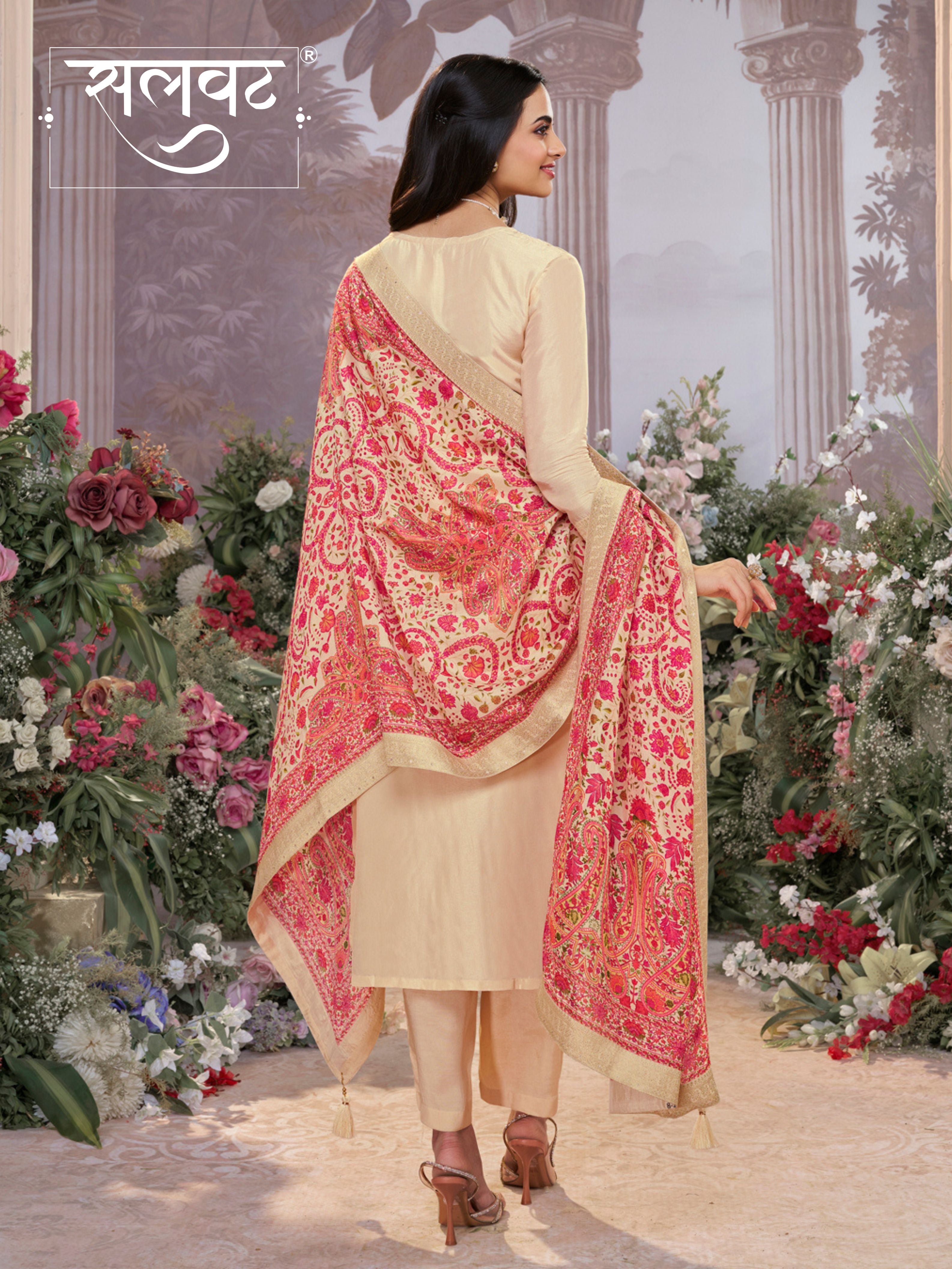 Off-White Dola Silk Kurta Set with Jacquard Detailing and Intricate Embroidery, Paired with a Cherry Silk Dupatta