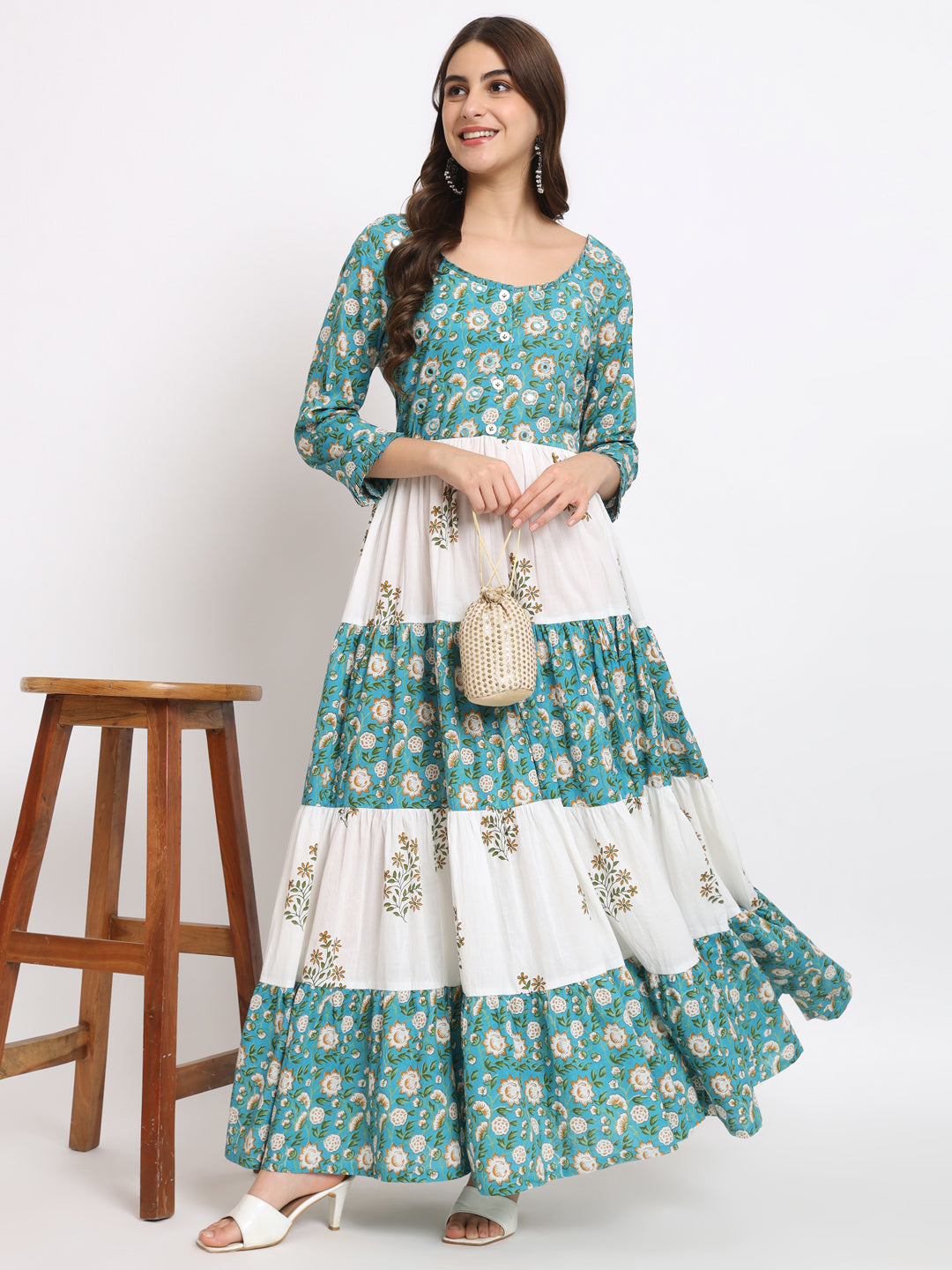 White & Blue Cotton Printed Long Dress