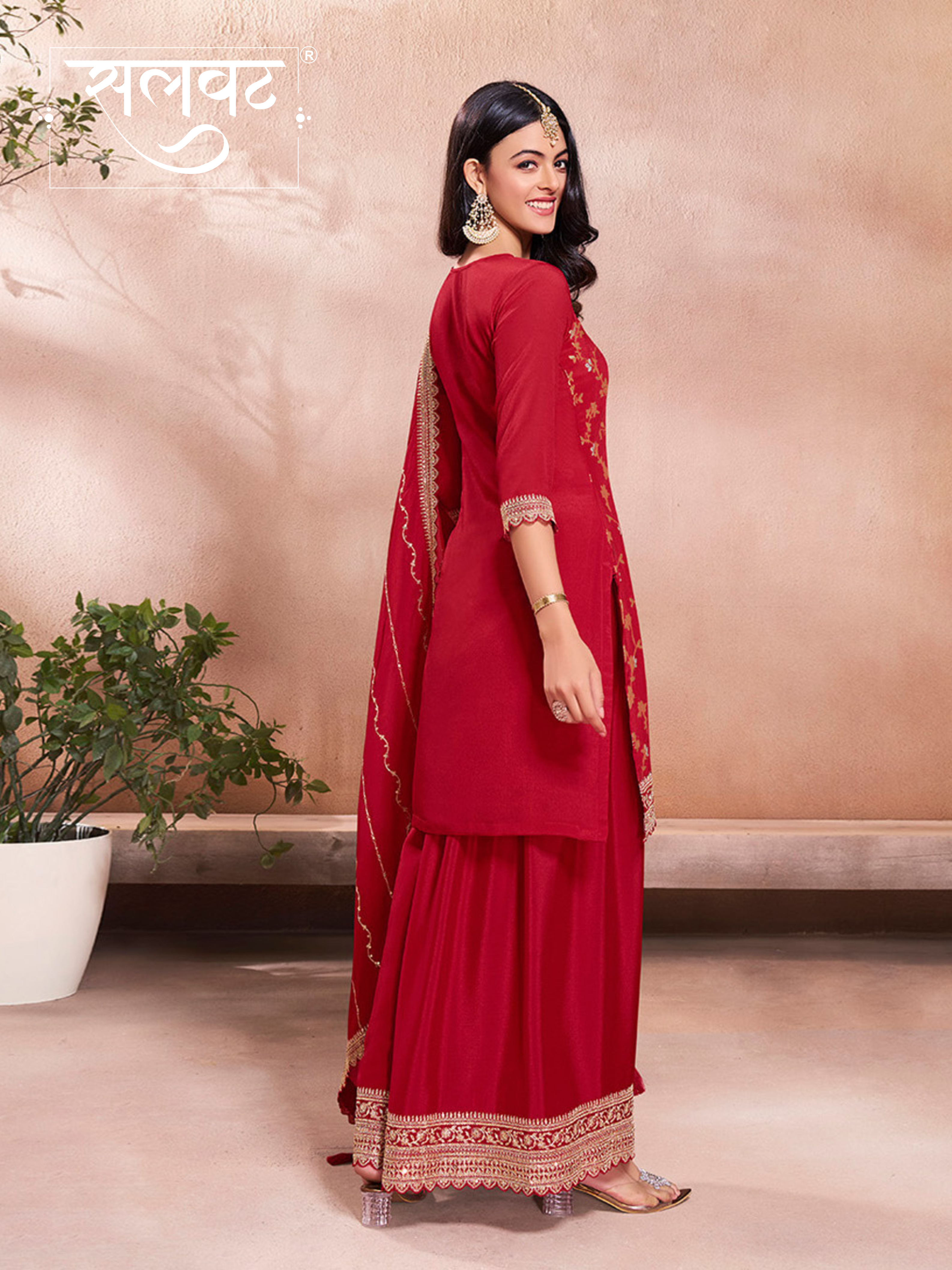 Red Jacquard Embroidery Sharara Suit Set