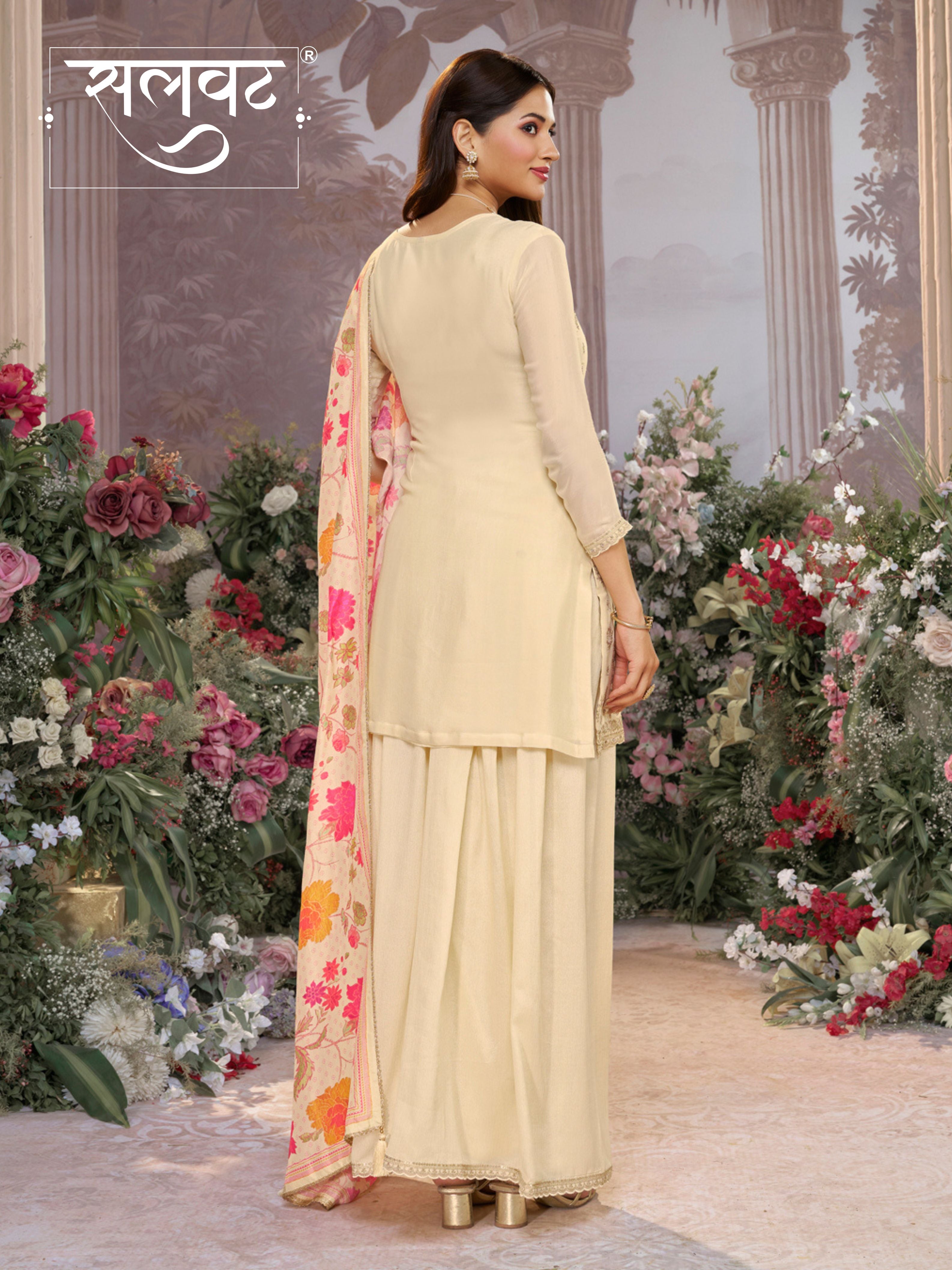 Off-White Chinon Kurta Set with Embroidered Work Paired with Digital Printed Dola Silk Dupatta