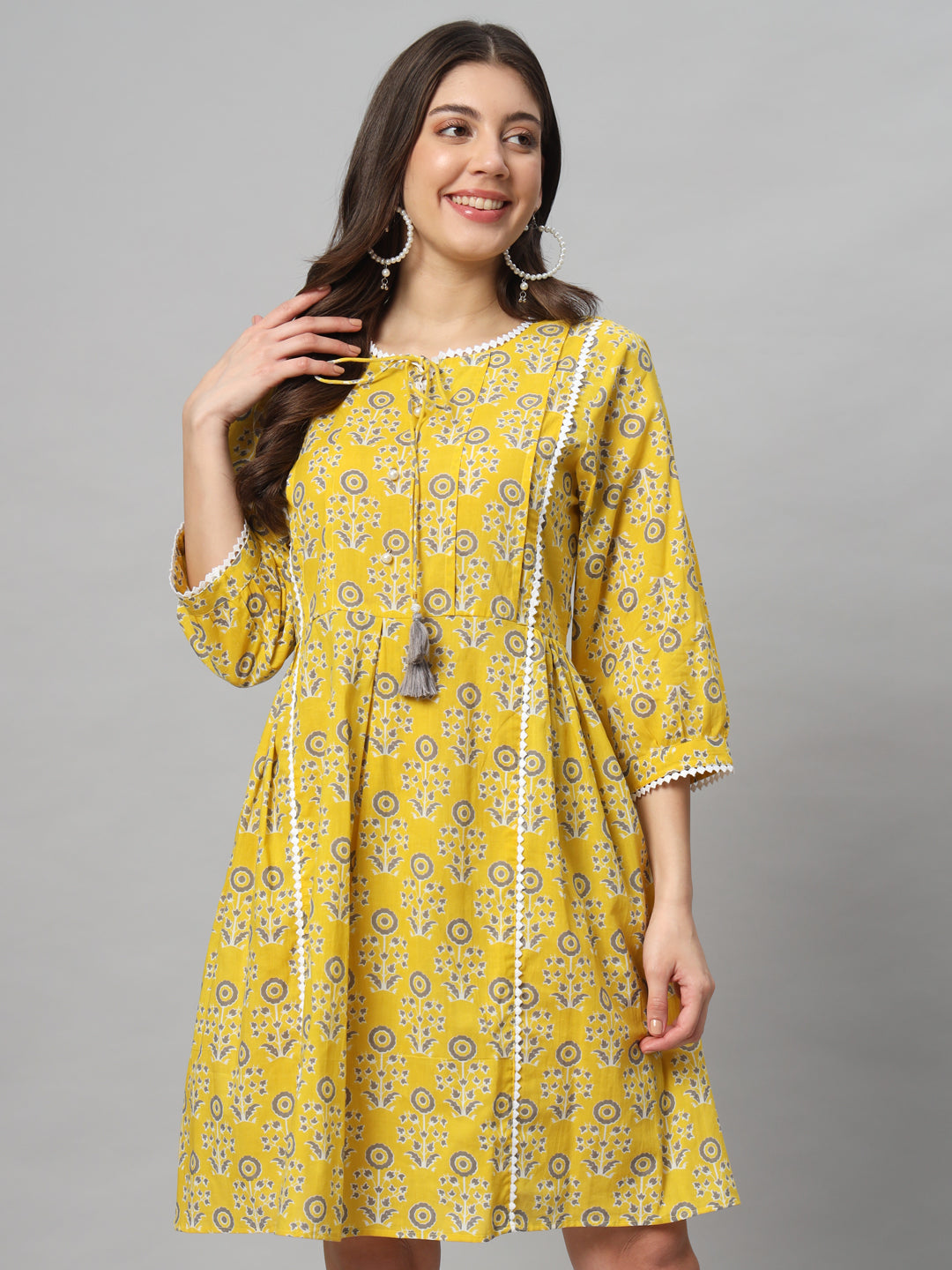 Yellow Cotton Printed Cotton Short Dress