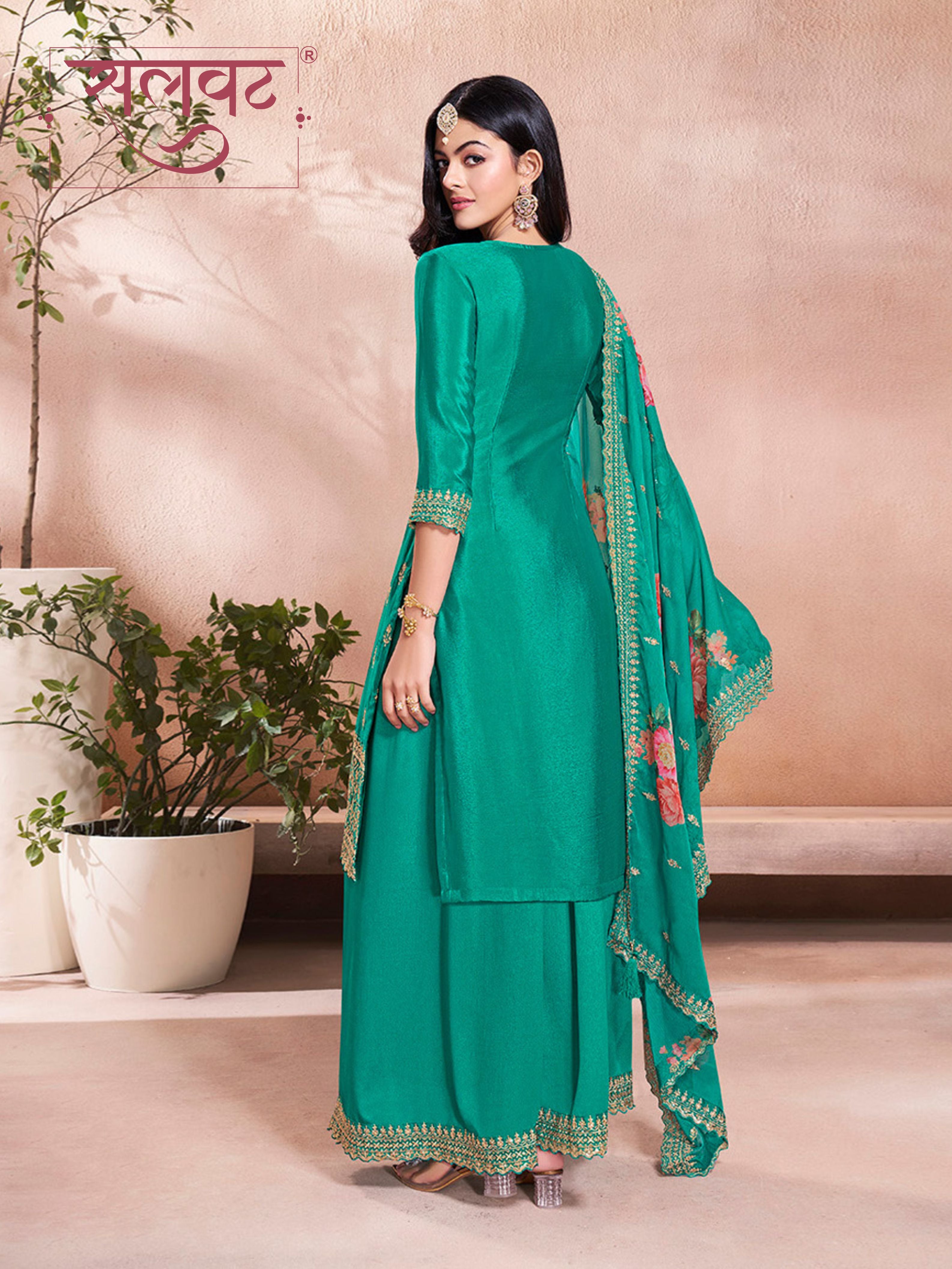 Teal Green Butti Floral pattern Sequins Embroidered Sharara Suit Set