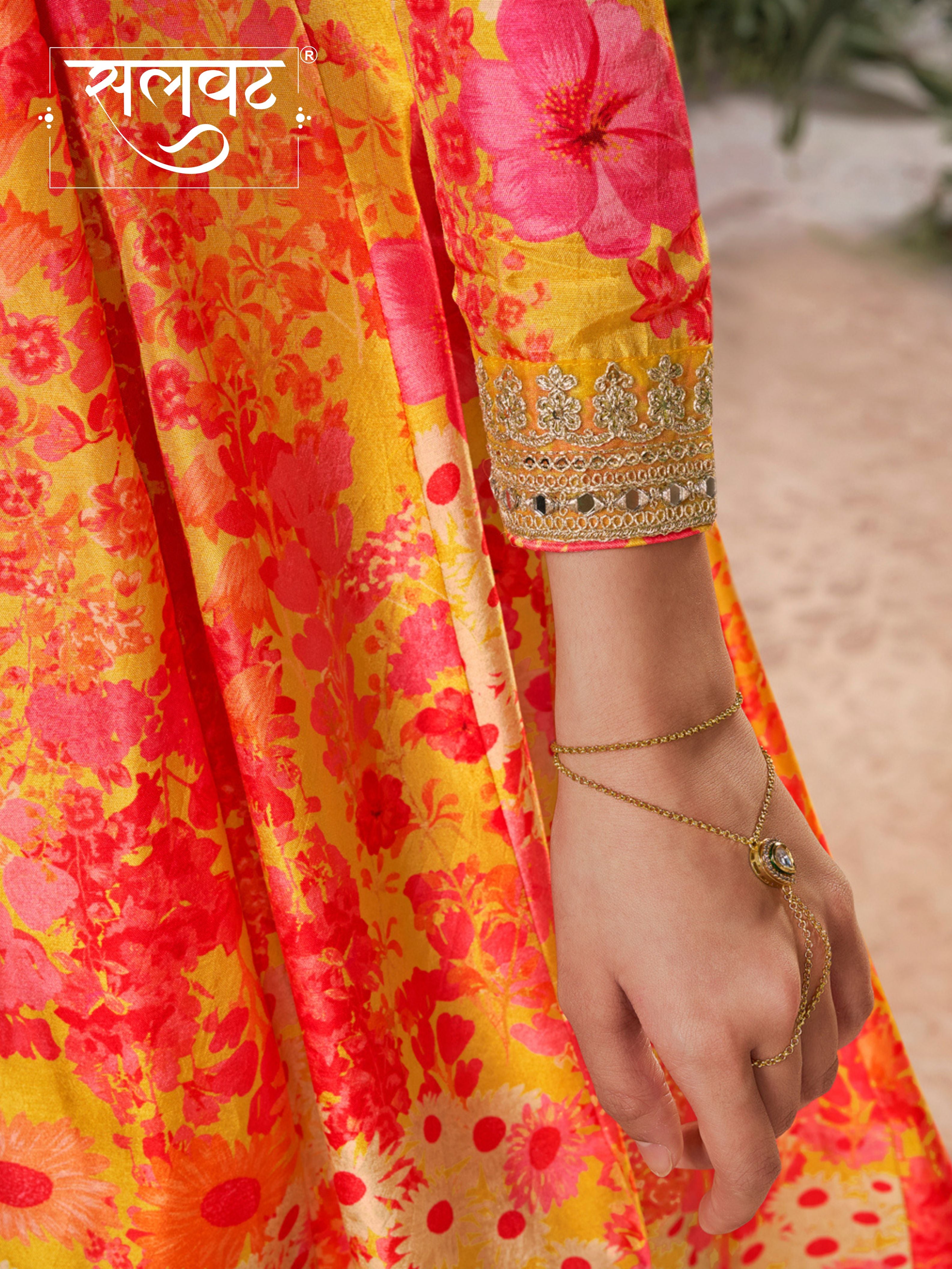 Mustard Russian Silk Mirror Work Sharara Set paired with Chinon Dupatta with Digital Printed Borders