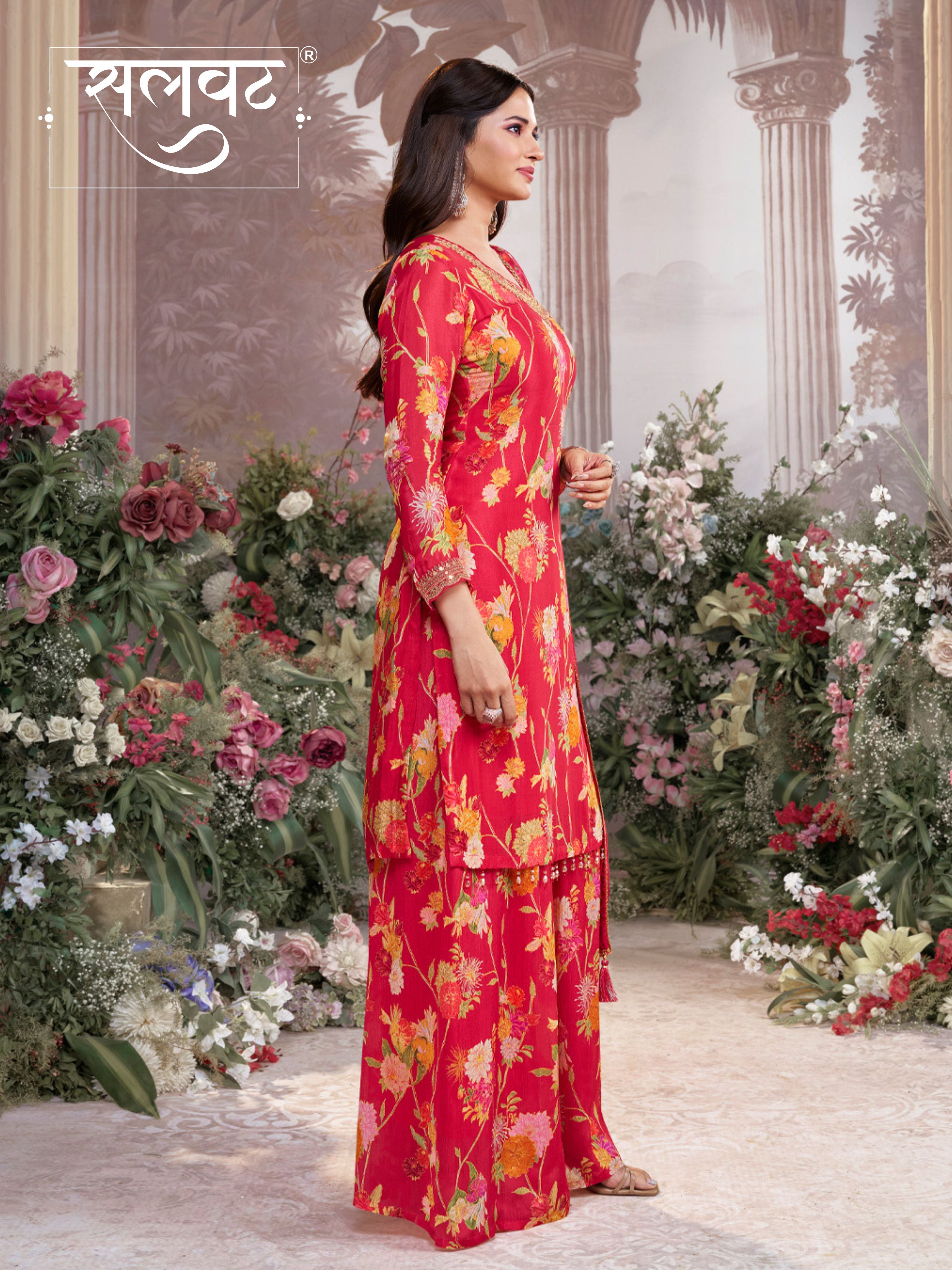 Red Chinon Sharara Set with Floral Print and Embroidery