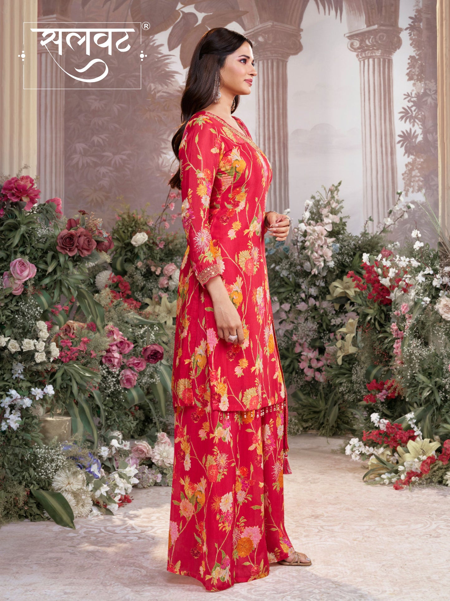 Red Chinon Sharara Set with Floral Print and Embroidery
