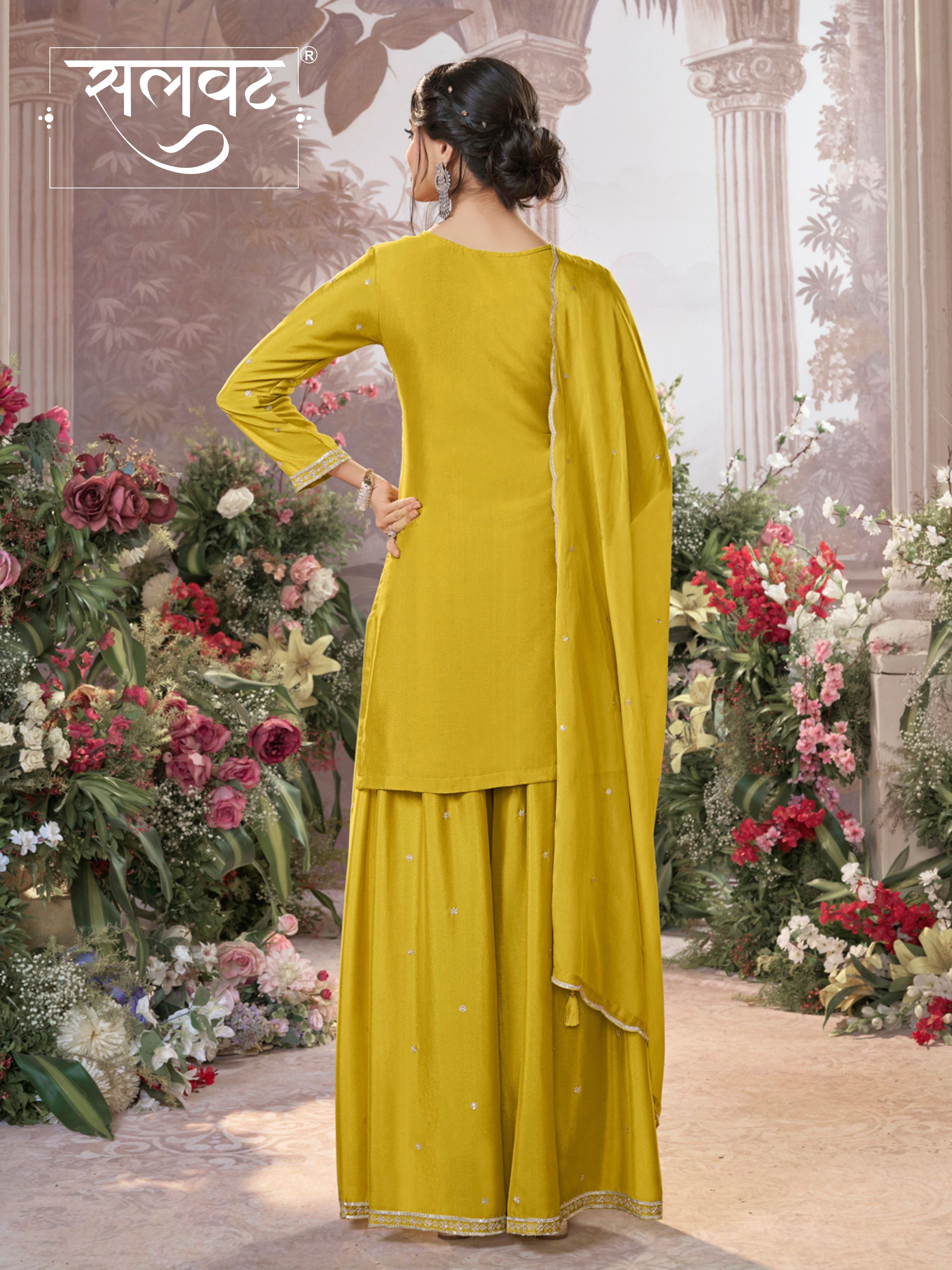 Yellow Chinon Embroidered Sharara Suit with Butti Work and Sequins Scalloped Border Dupatta