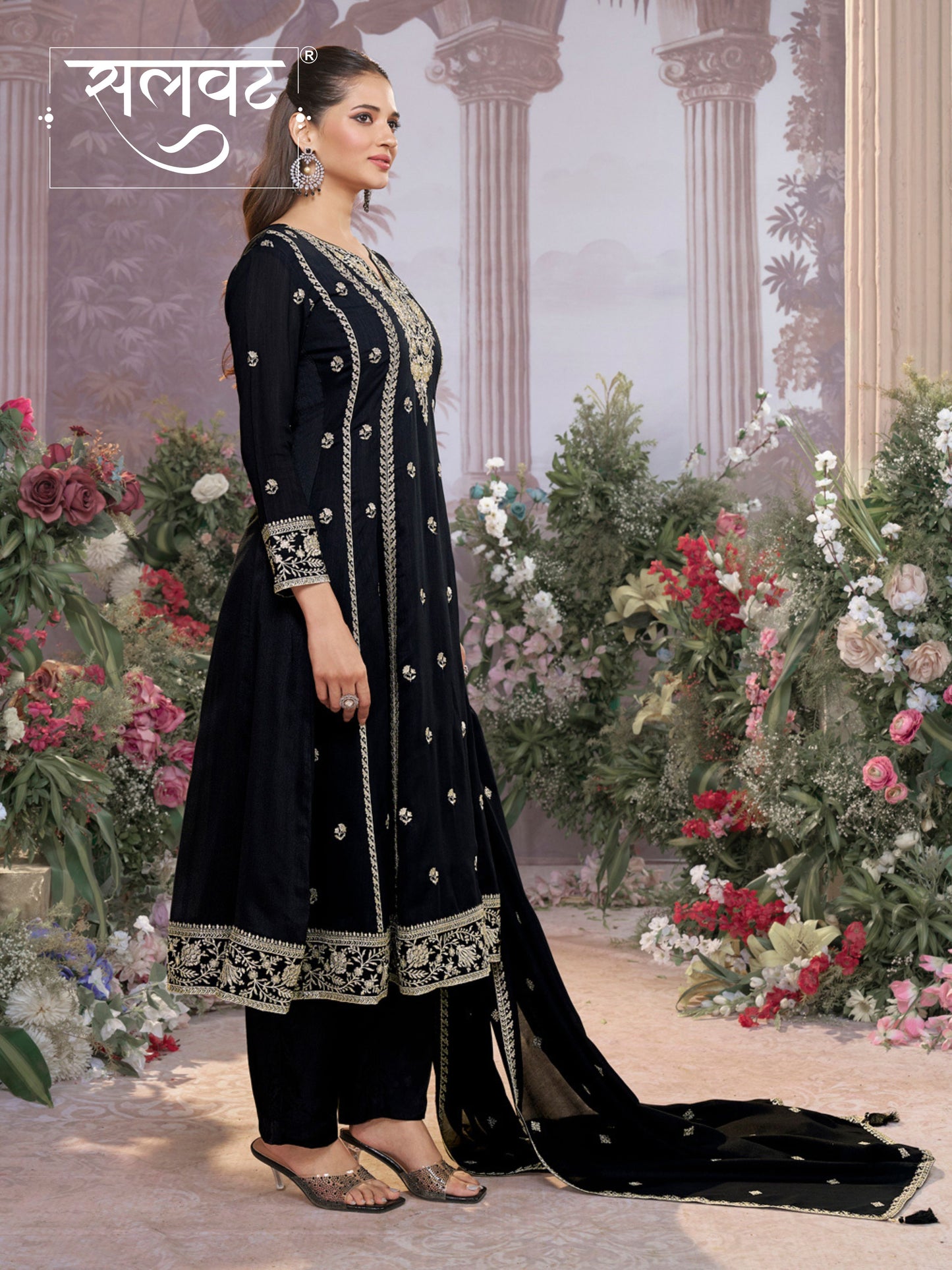 Black Vichitra Silk Kurta Suit Set with Embroidered Work Paired with Vichitra Silk Dupatta with Embroidered Work