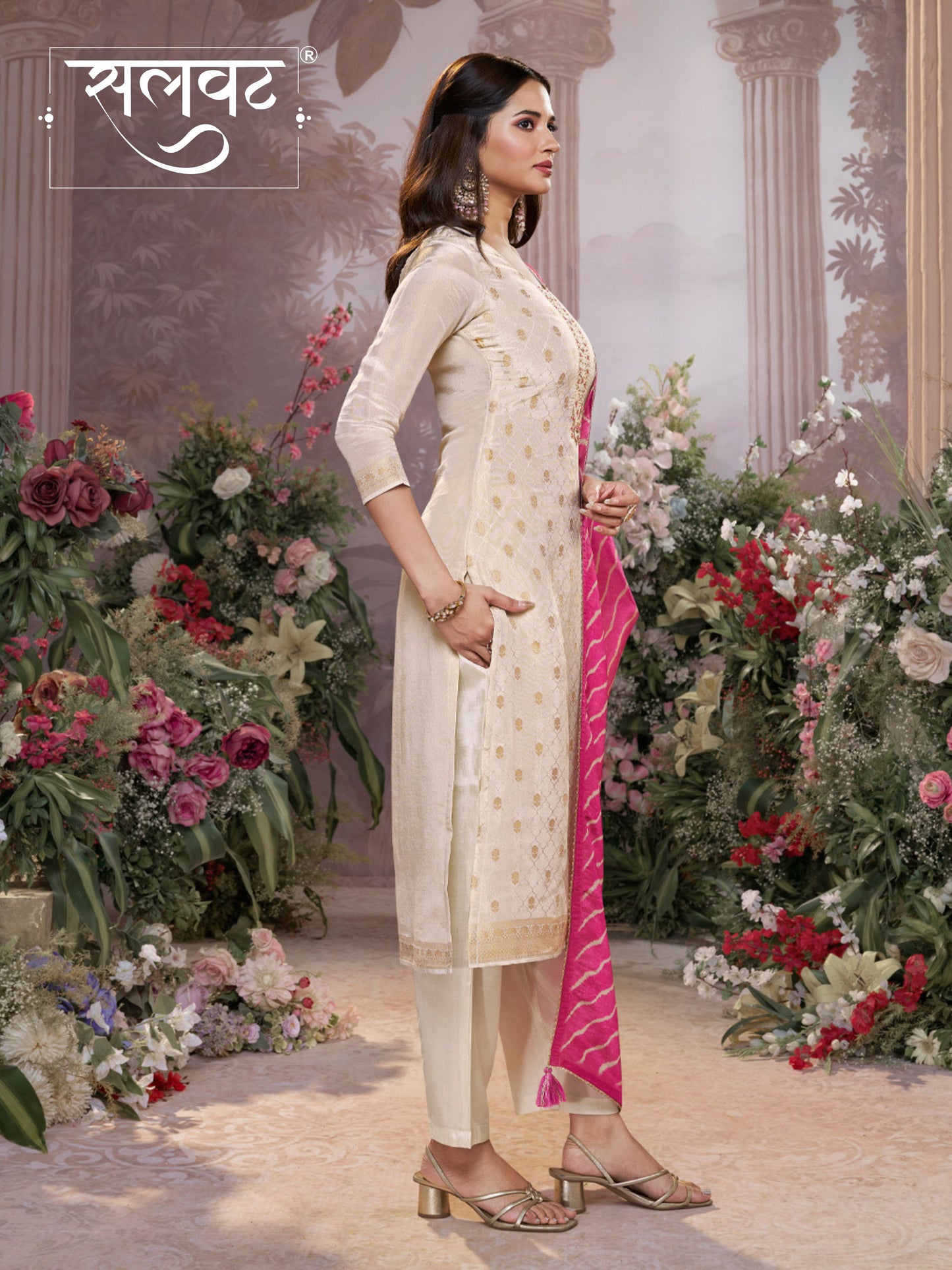 Cream Tissue Jacquard Kurta Set with Pink Contrast Digital Print Dupatta