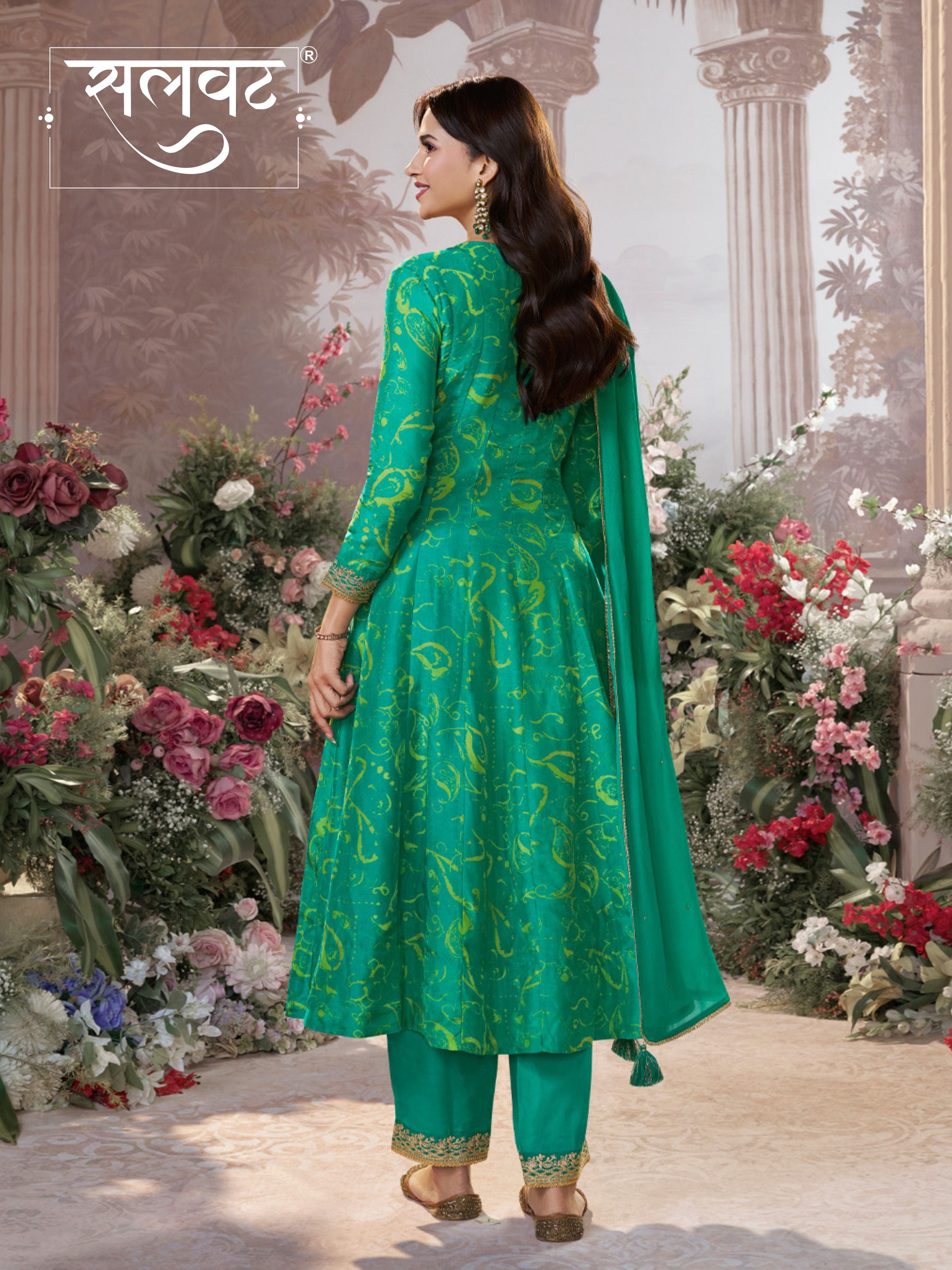 Green Digital Printed Mirror Embroidered Anarkali Suit Set