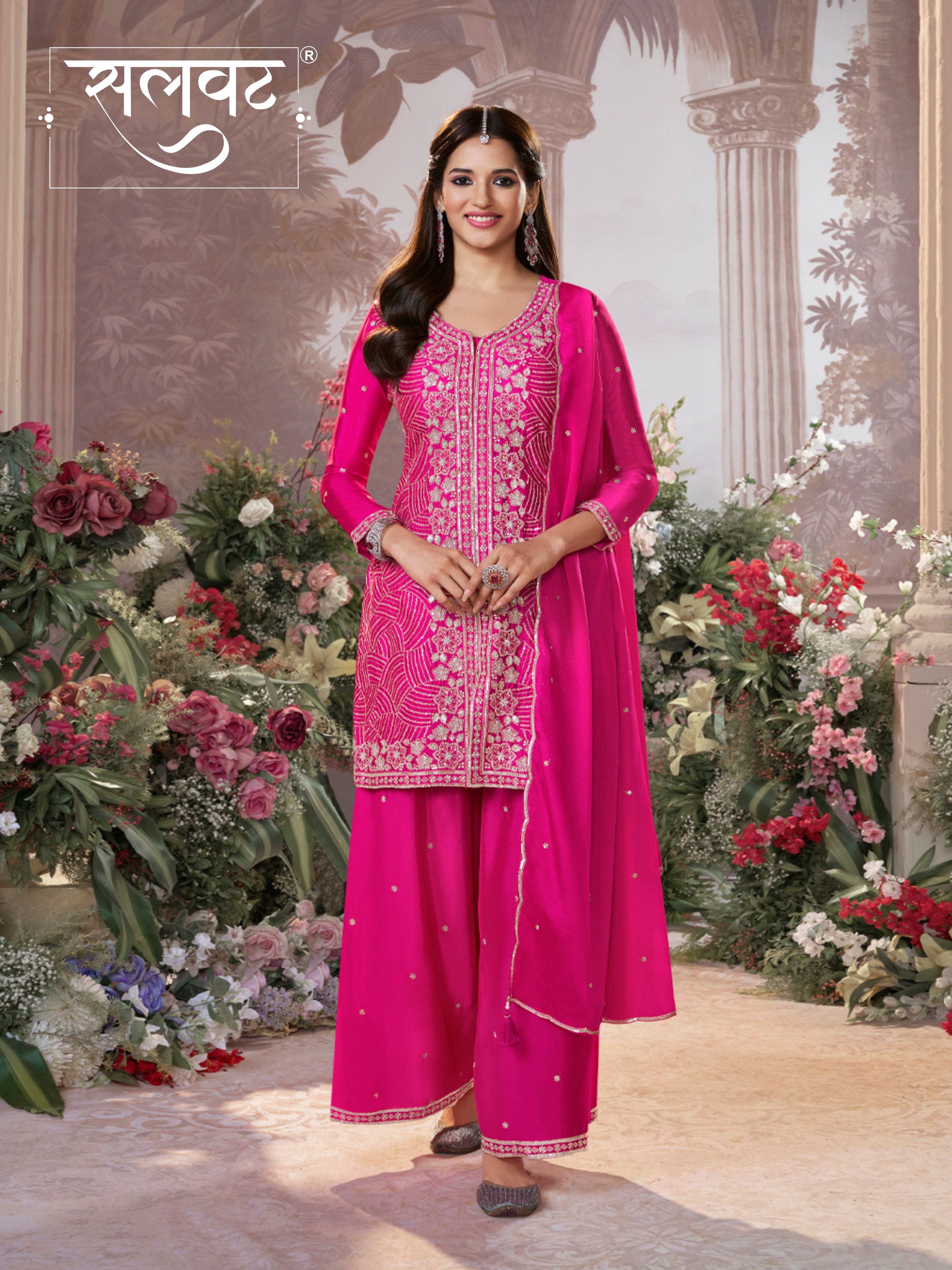 Pink Chinon Embroidered Sharara Suit with Butti Work and Sequins Scalloped Border Dupatta