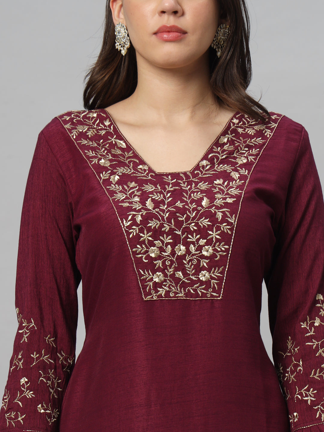 Wine Embroidery Viscose Kurta Sets