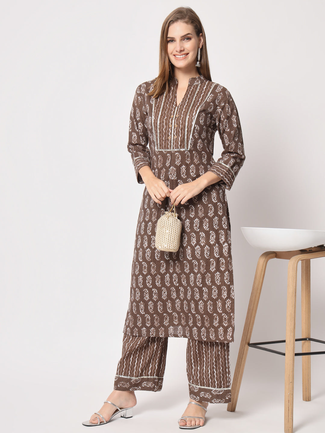 Brown Printed Cotton Kurta Set