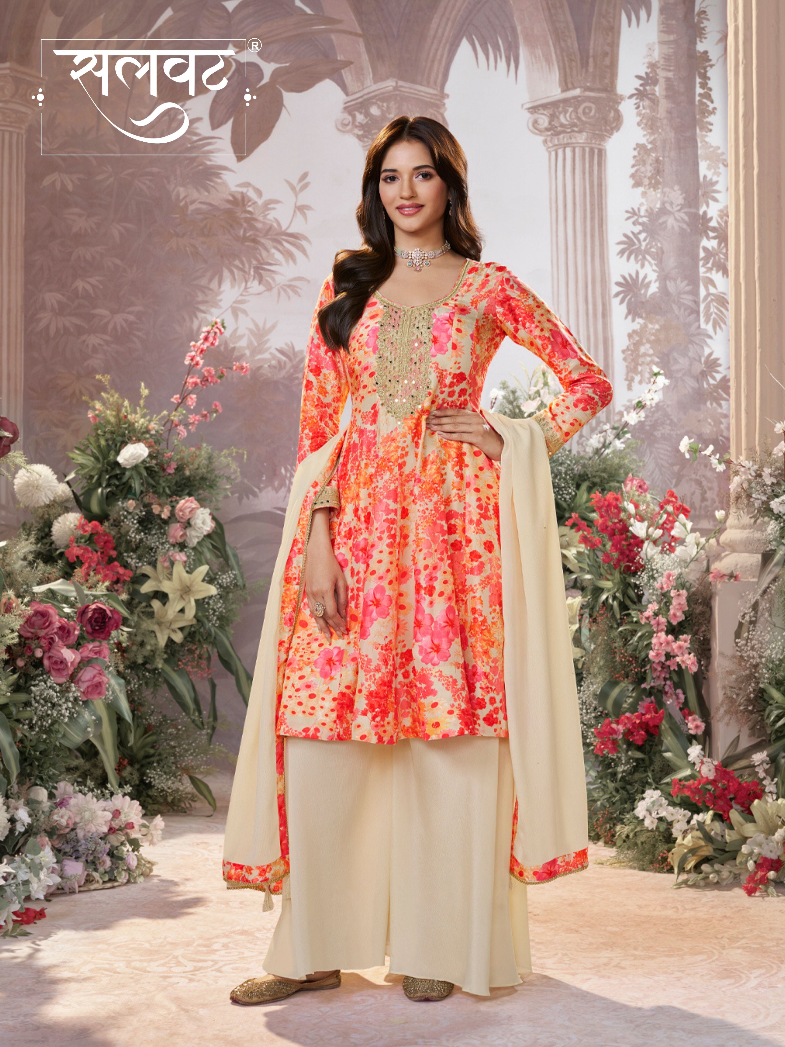 Off-White Russian Silk Mirror Work Sharara Set paired with Chinon Dupatta with Digital Printed Borders