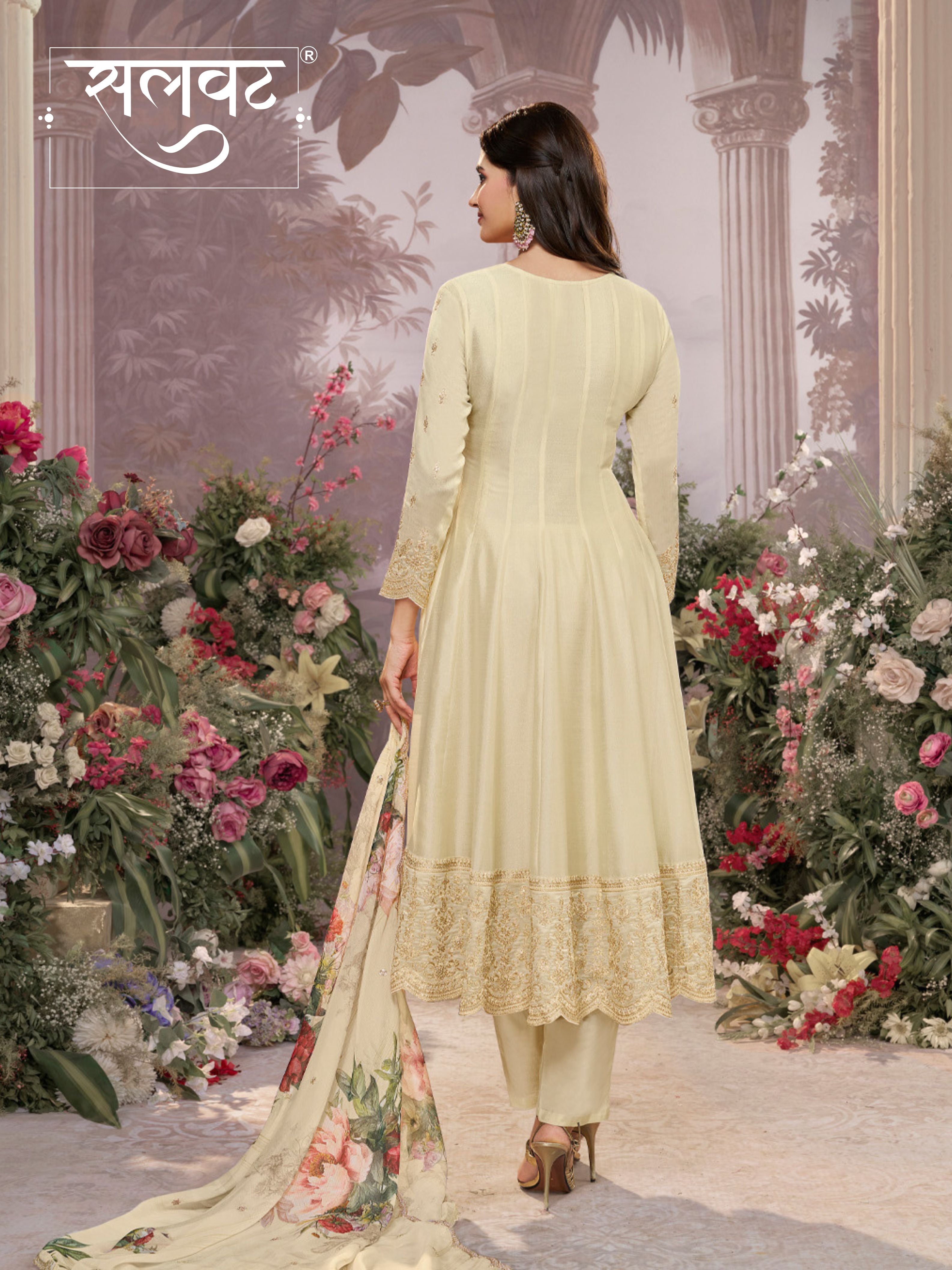 Off-White Vichitra Silk Embroidered Anarkali Set with Digital Printed Chiffon Dupatta