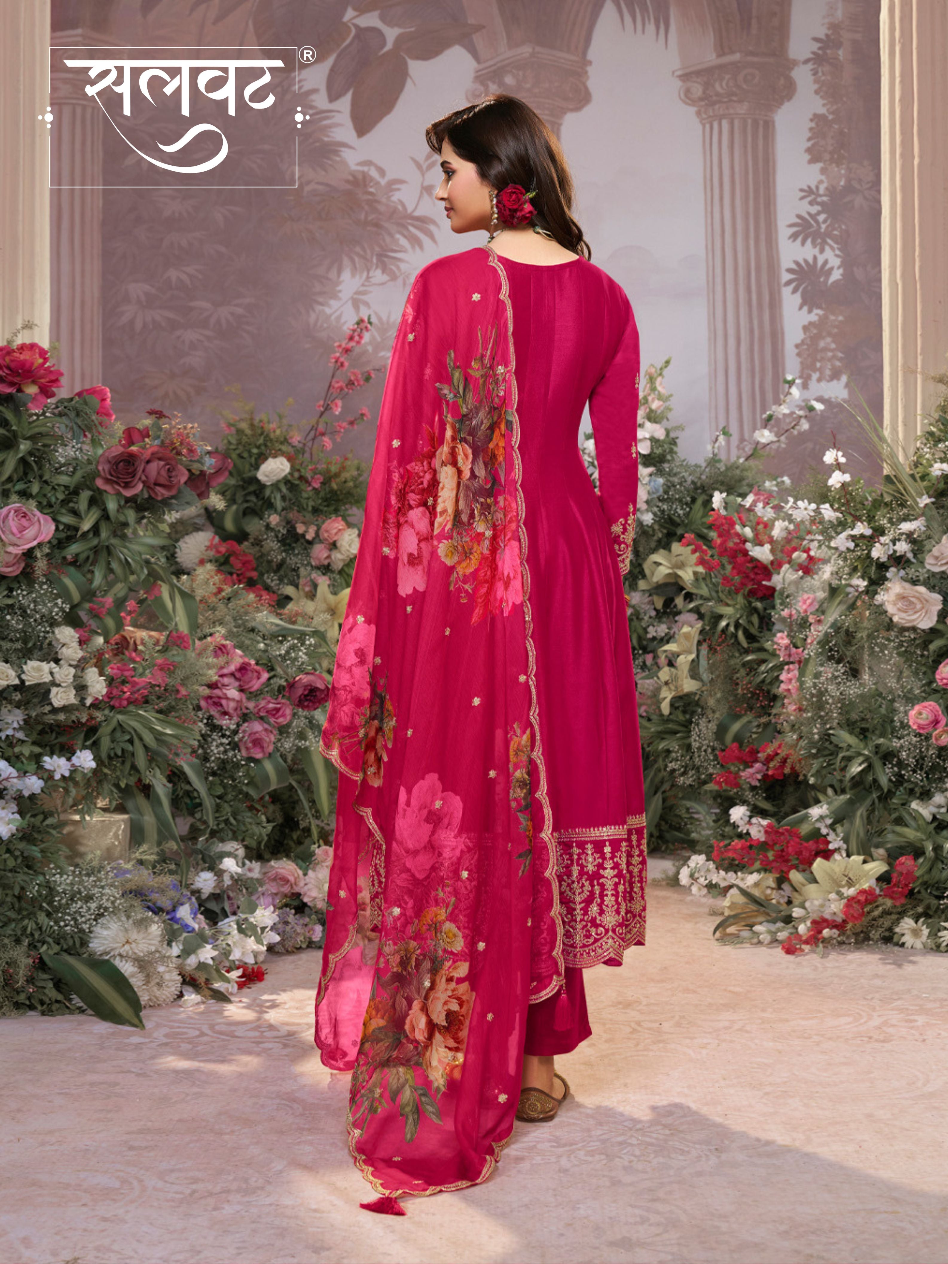 Pink Vichitra Silk Embroidered Anarkali Set with Digital Printed Chiffon Dupatta