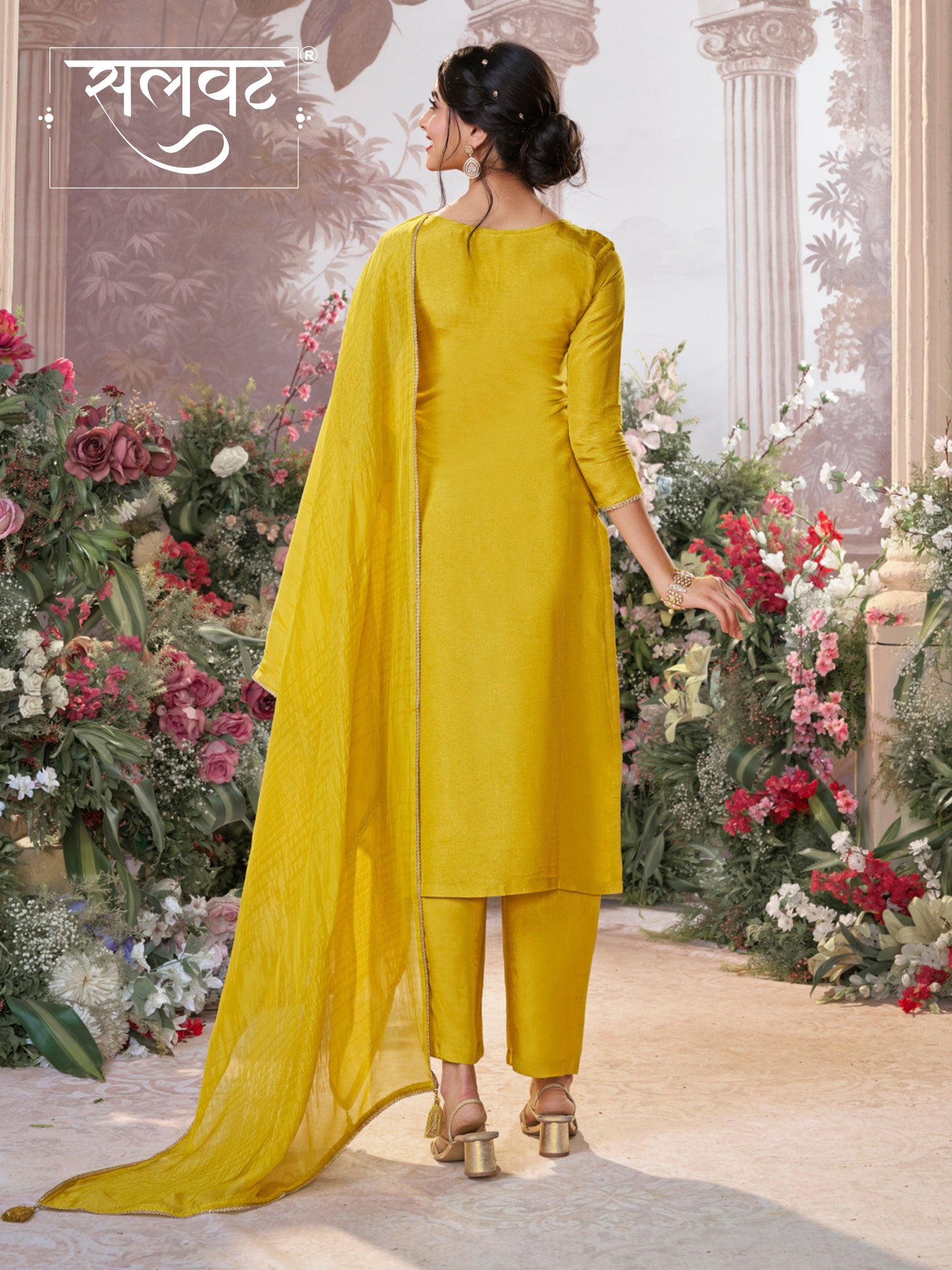 Yellow Chinon Kurta Set with Jacquard and Zari Work, Paired with an Organza Dupatta