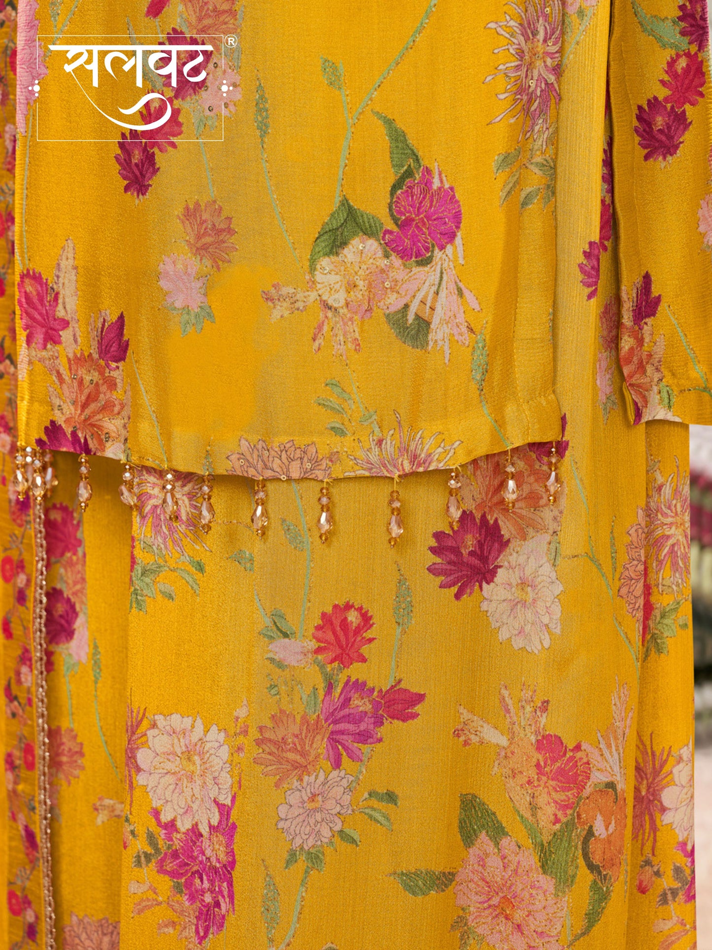 Yellow Chinon Sharara Set with Floral Print and Embroidery