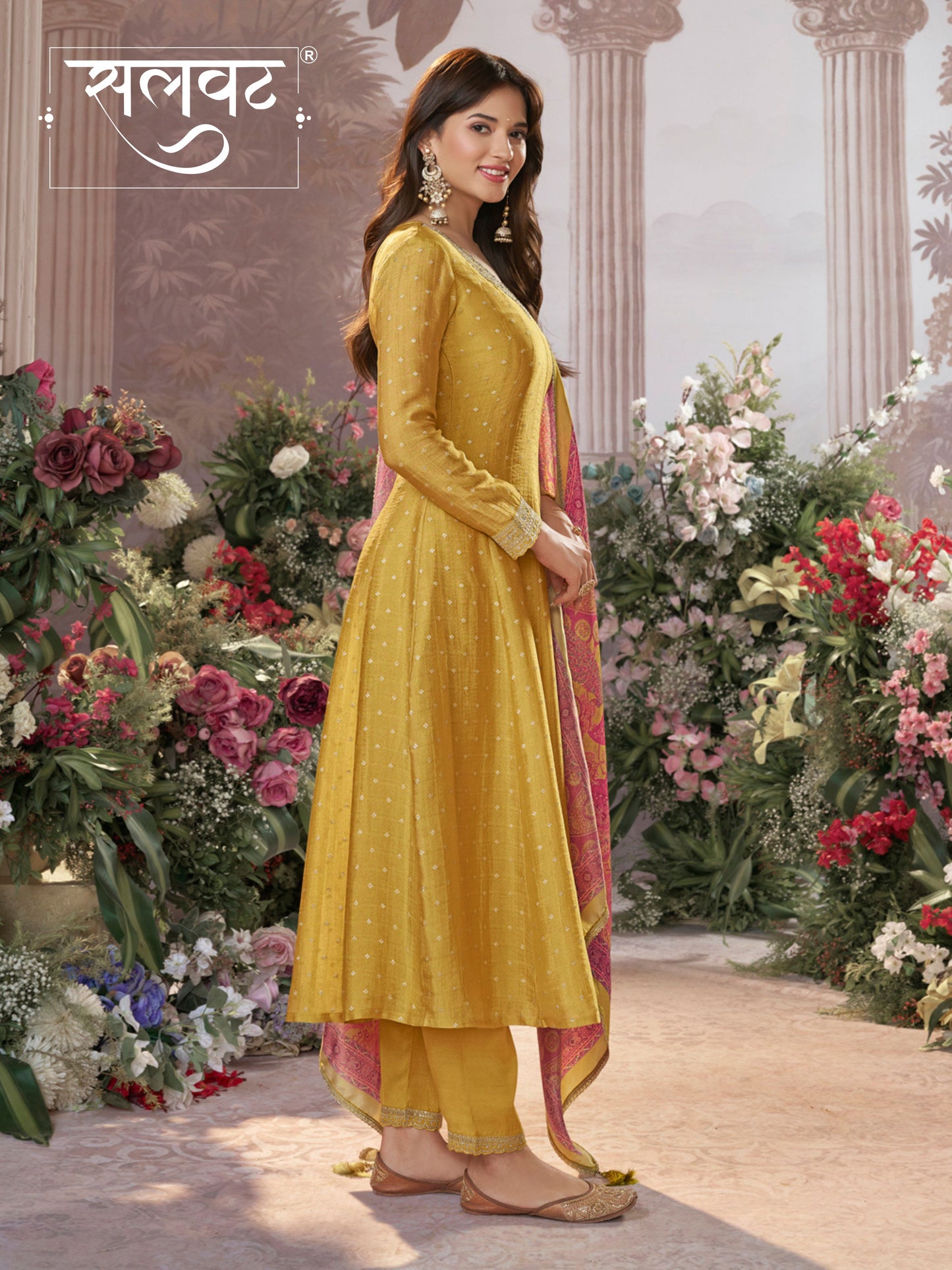 Mustard Tissue Silk Embroidered Anarkali Suit Set with Contrast Digital Print Russian Silk Dupatta