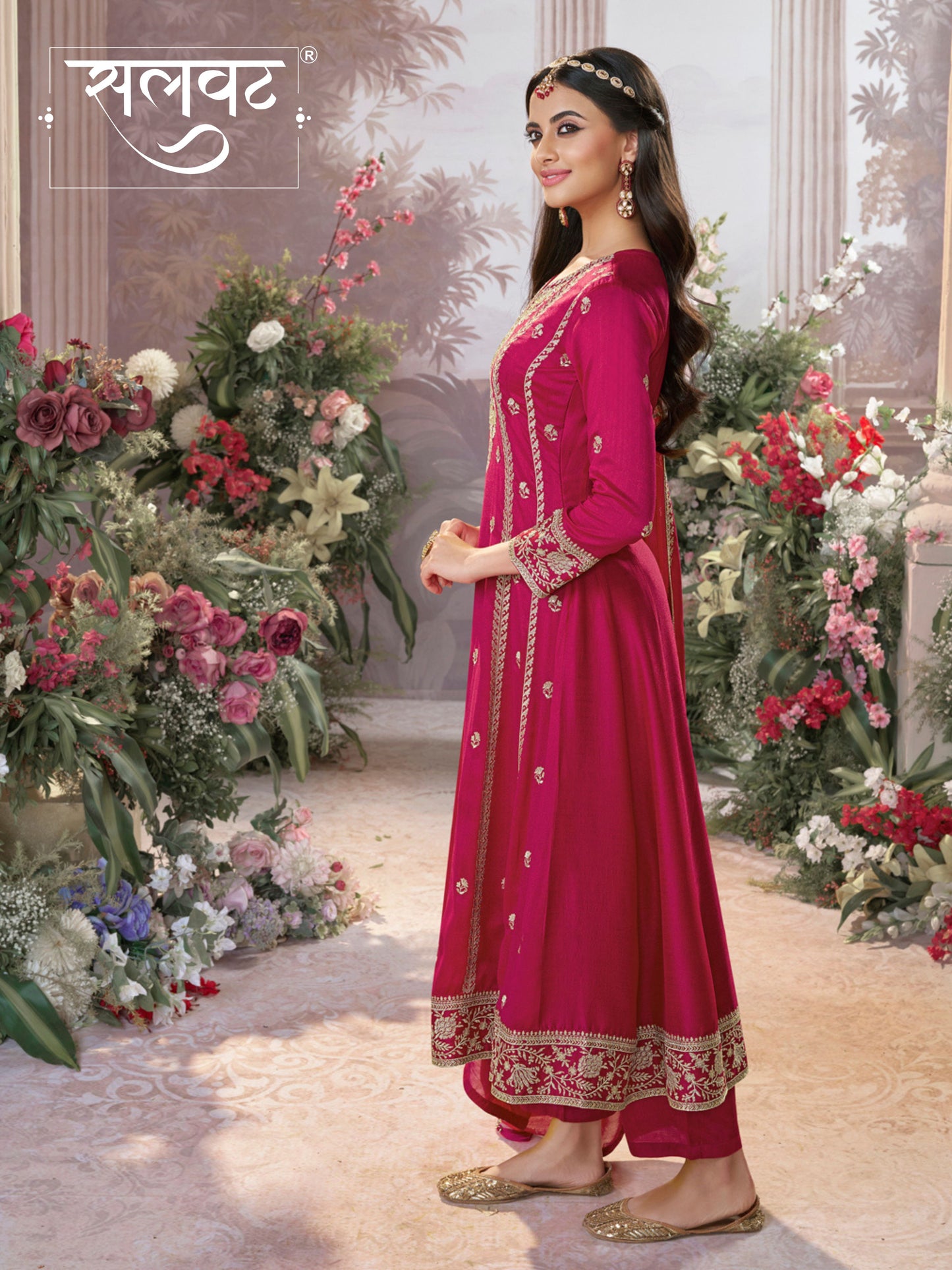 Hot Pink Vichitra Silk Kurta Suit Set with Embroidered Work Paired with Vichitra Silk Dupatta with Embroidered Work