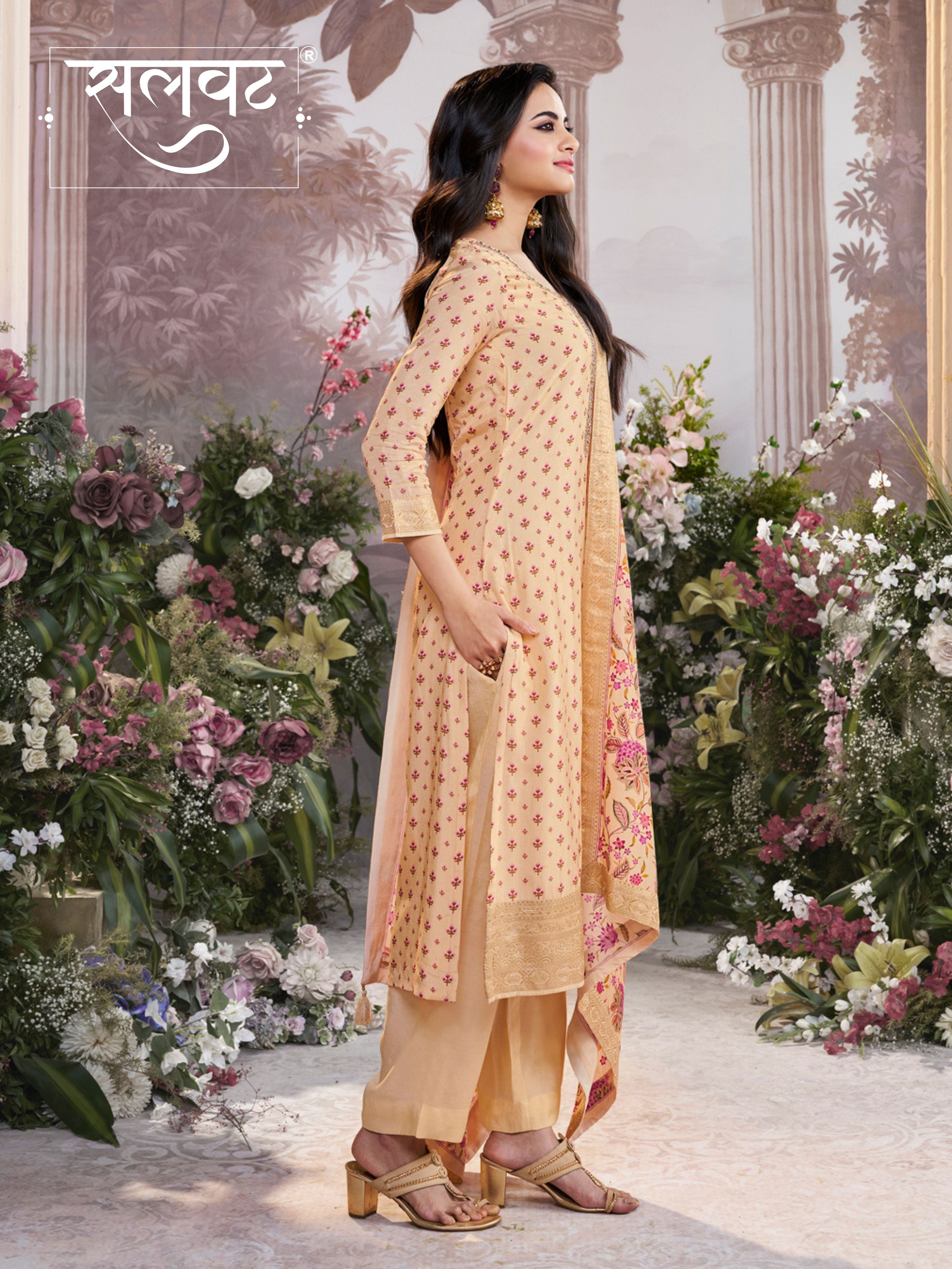 Off-White Russian Silk Kurta Set with Digital Print Work Paired with Russian Silk Digital Printed Duppatta