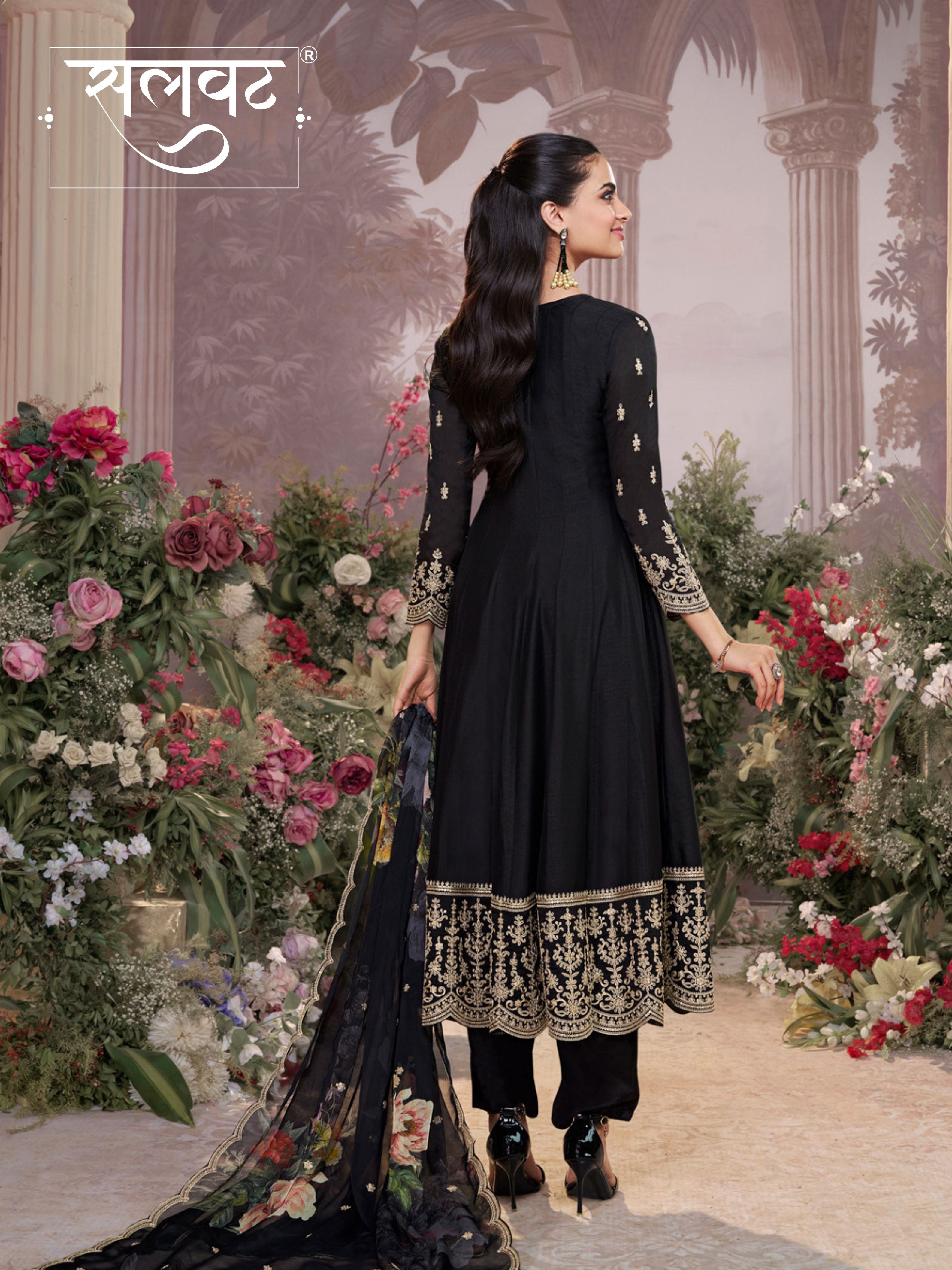 Black Vichitra Silk Embroidered Anarkali Set with Digital Printed Chiffon Dupatta