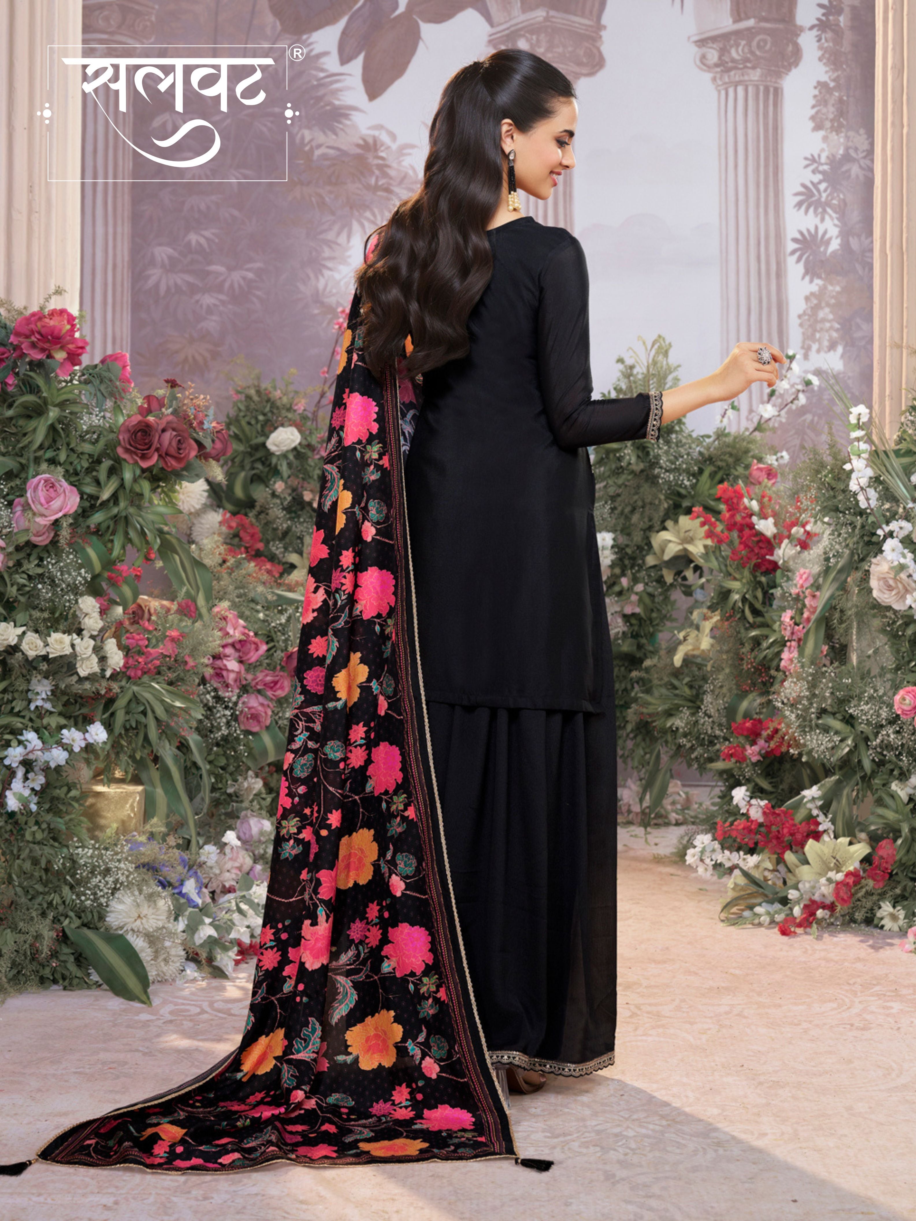 Black Chinon Kurta Set with Embroidered Work Paired with Digital Printed Dola Silk Dupatta