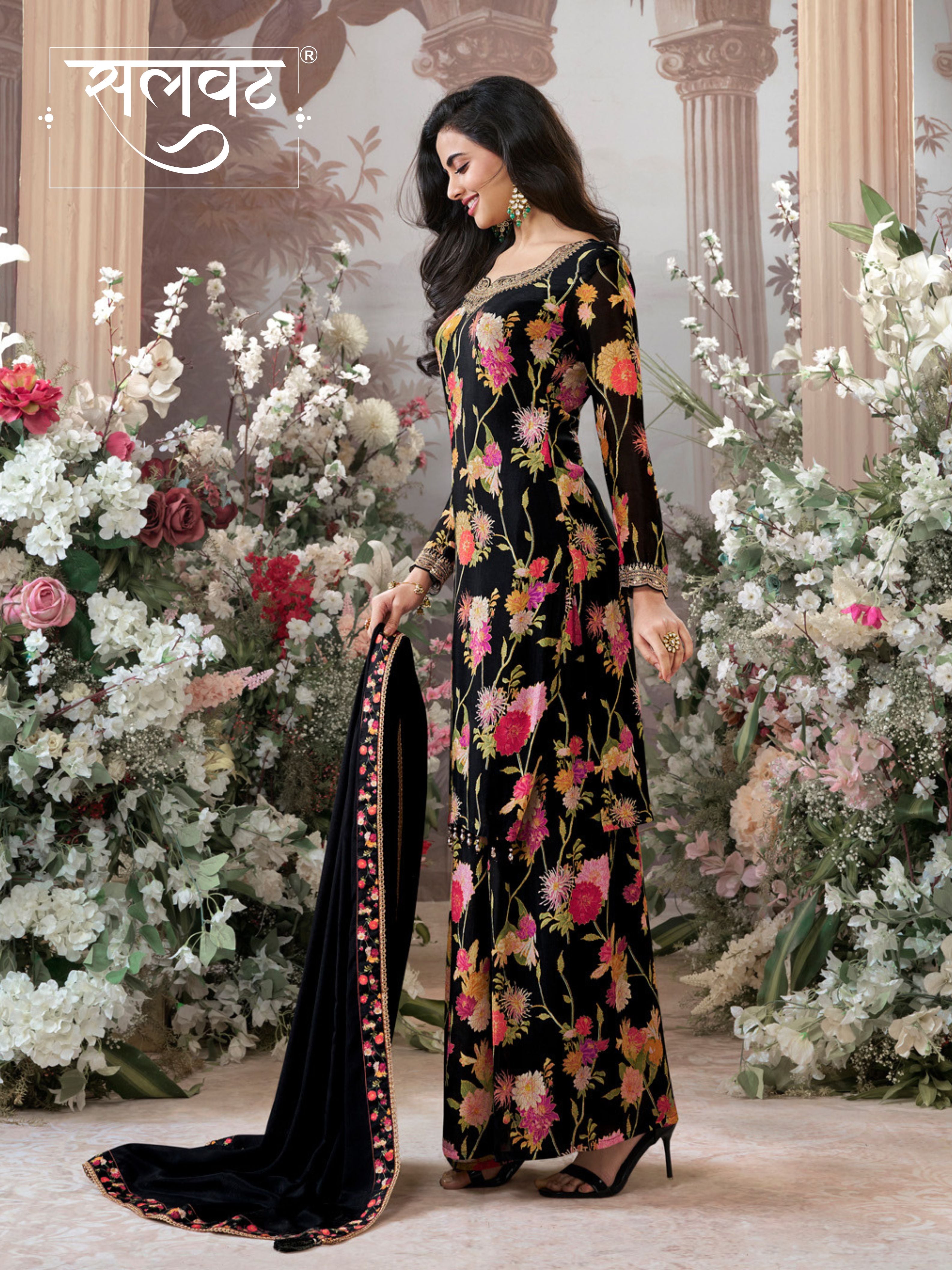 Black Chinon Sharara Set with Floral Print and Embroidery