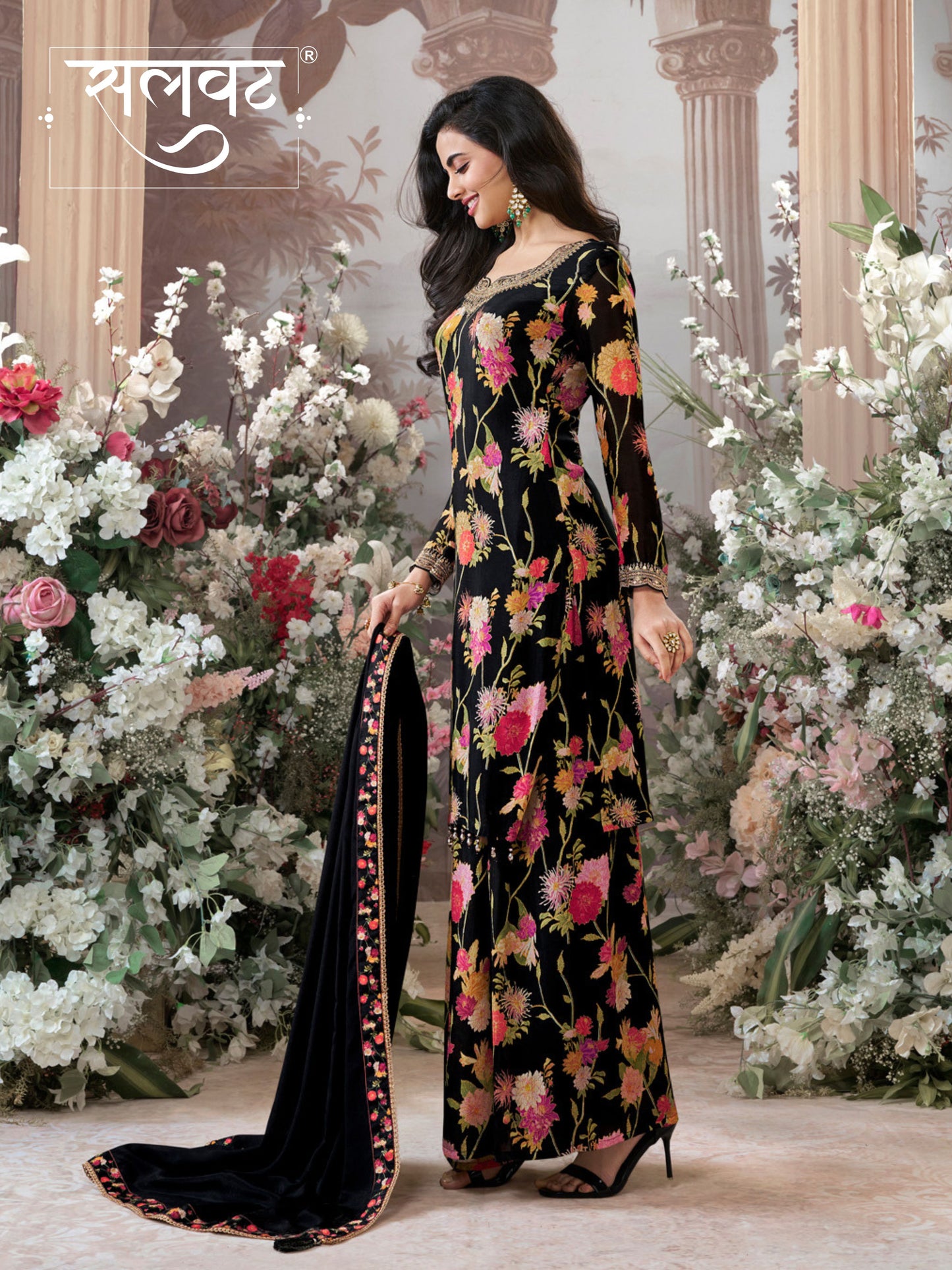 Black Chinon Sharara Set with Floral Print and Embroidery