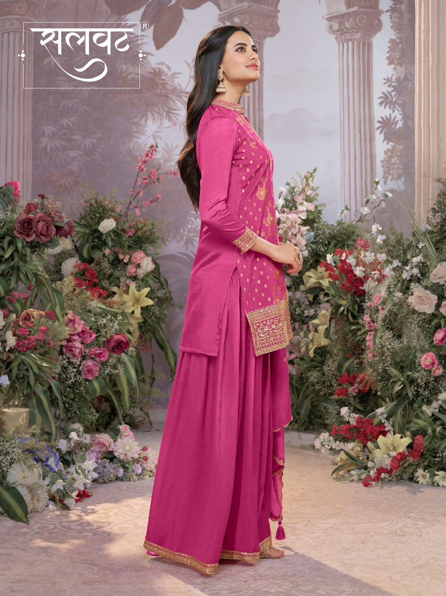 Pink Chinon Kurta Set with Heavy Jacquard Work Paired with Chinon Dupatta with Embroidered Work.