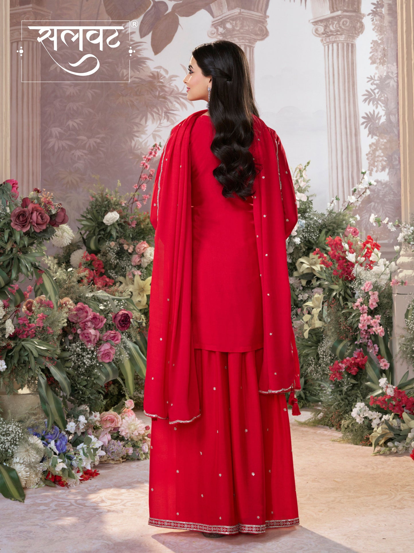 Red Chinon Embroidered Sharara Suit with Butti Work and Sequins Scalloped Border Dupatta