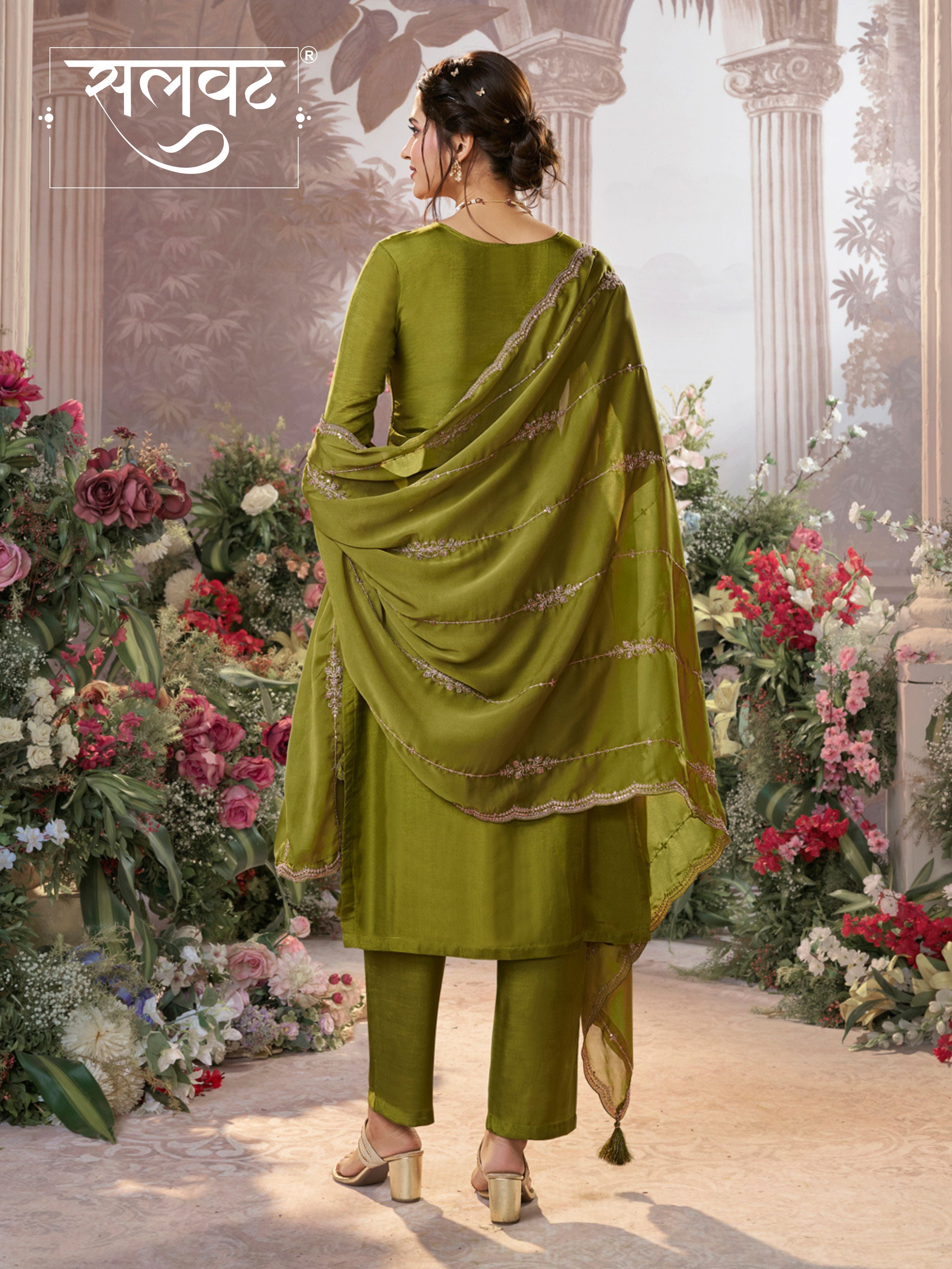 Olive Dola Silk Fabric Kurta with Embroidered & Jacquard Work Paired with Rangoli Fabric Dupatta with Patterned Sequins Work.