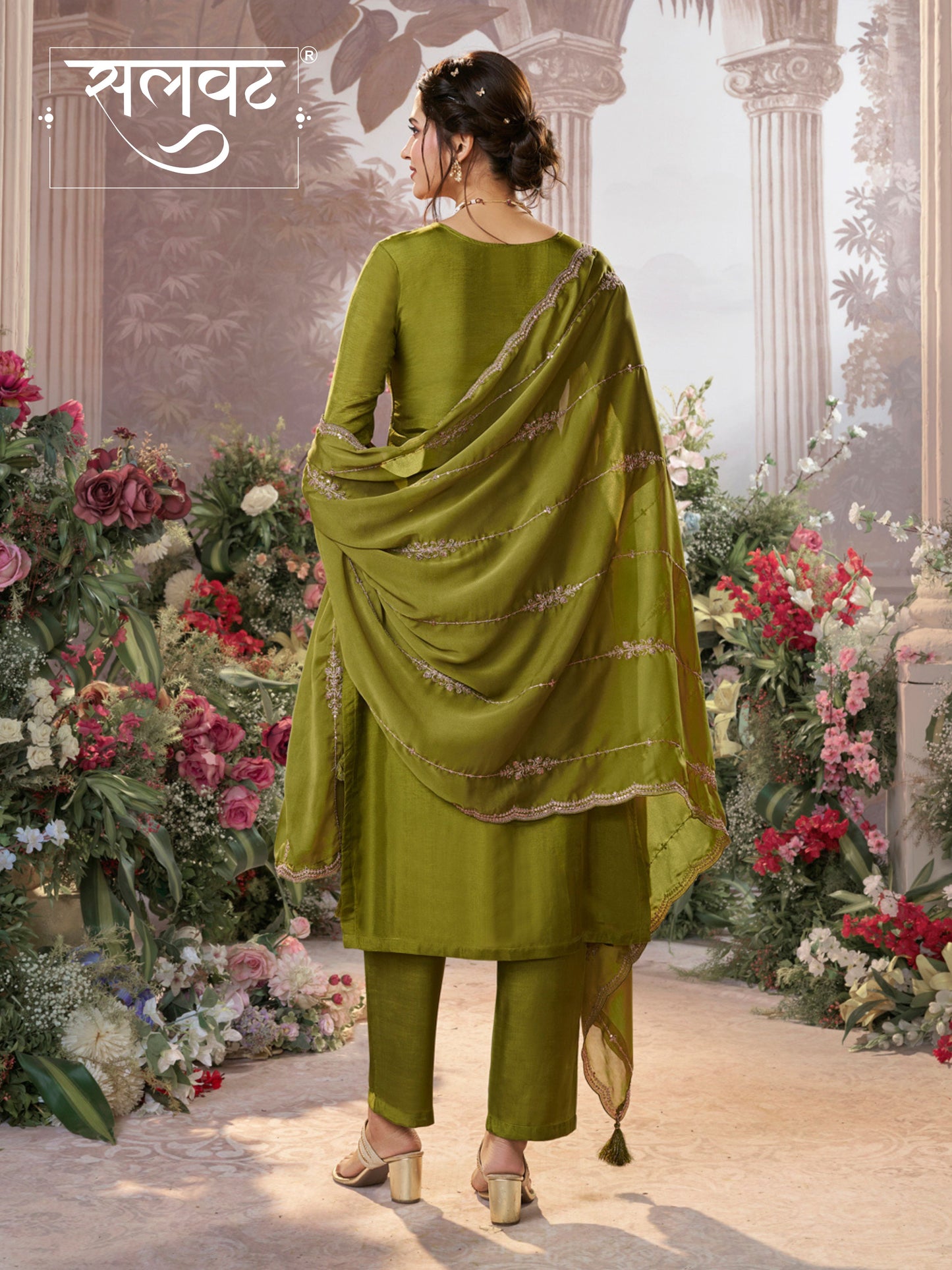 Olive Dola Silk Fabric Kurta with Embroidered & Jacquard Work Paired with Rangoli Fabric Dupatta with Patterned Sequins Work.