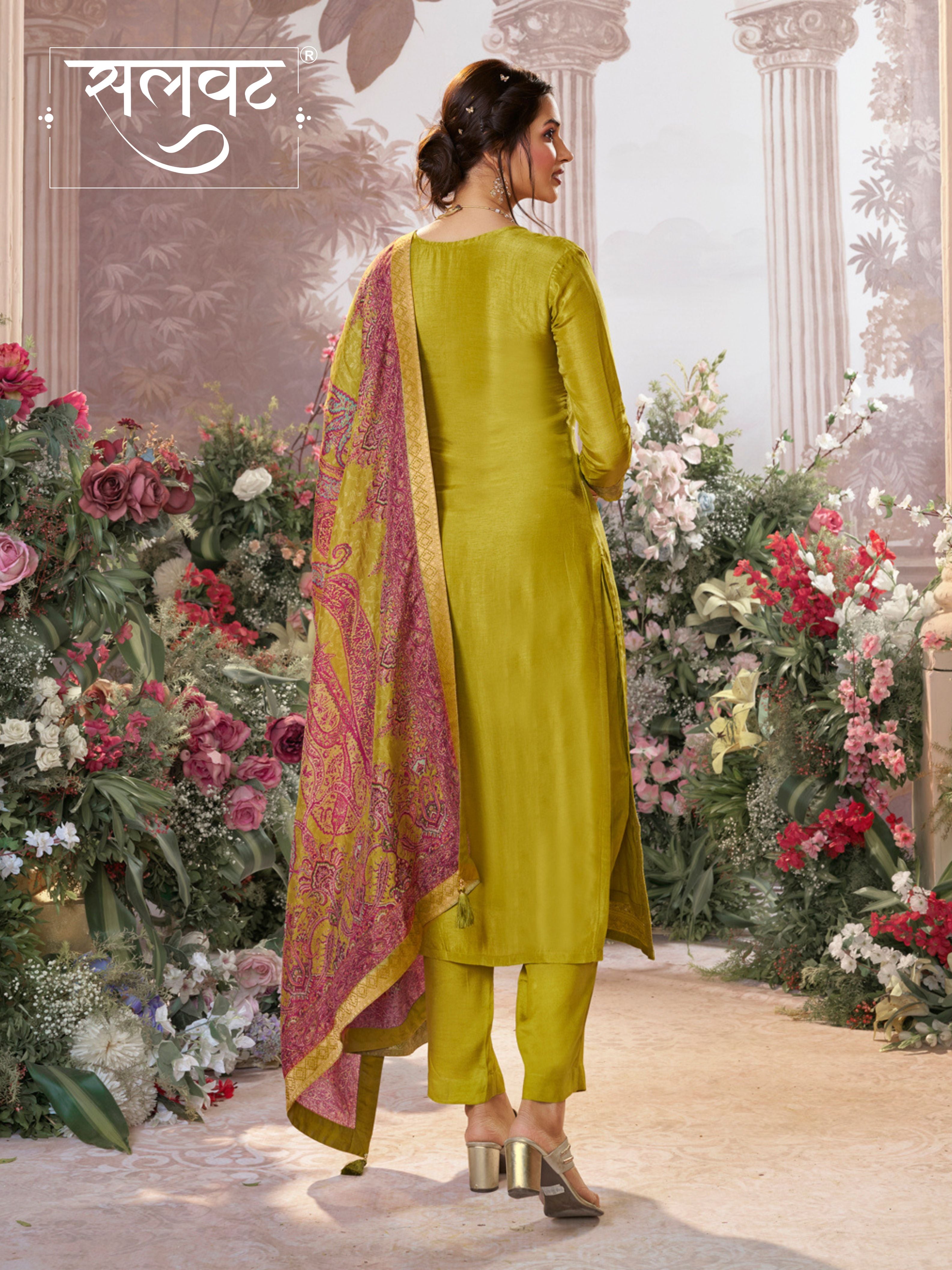 Yellow Dola Silk Kurta Set with Jacquard Detailing and Intricate Embroidery, Paired with a Cherry Silk Dupatta