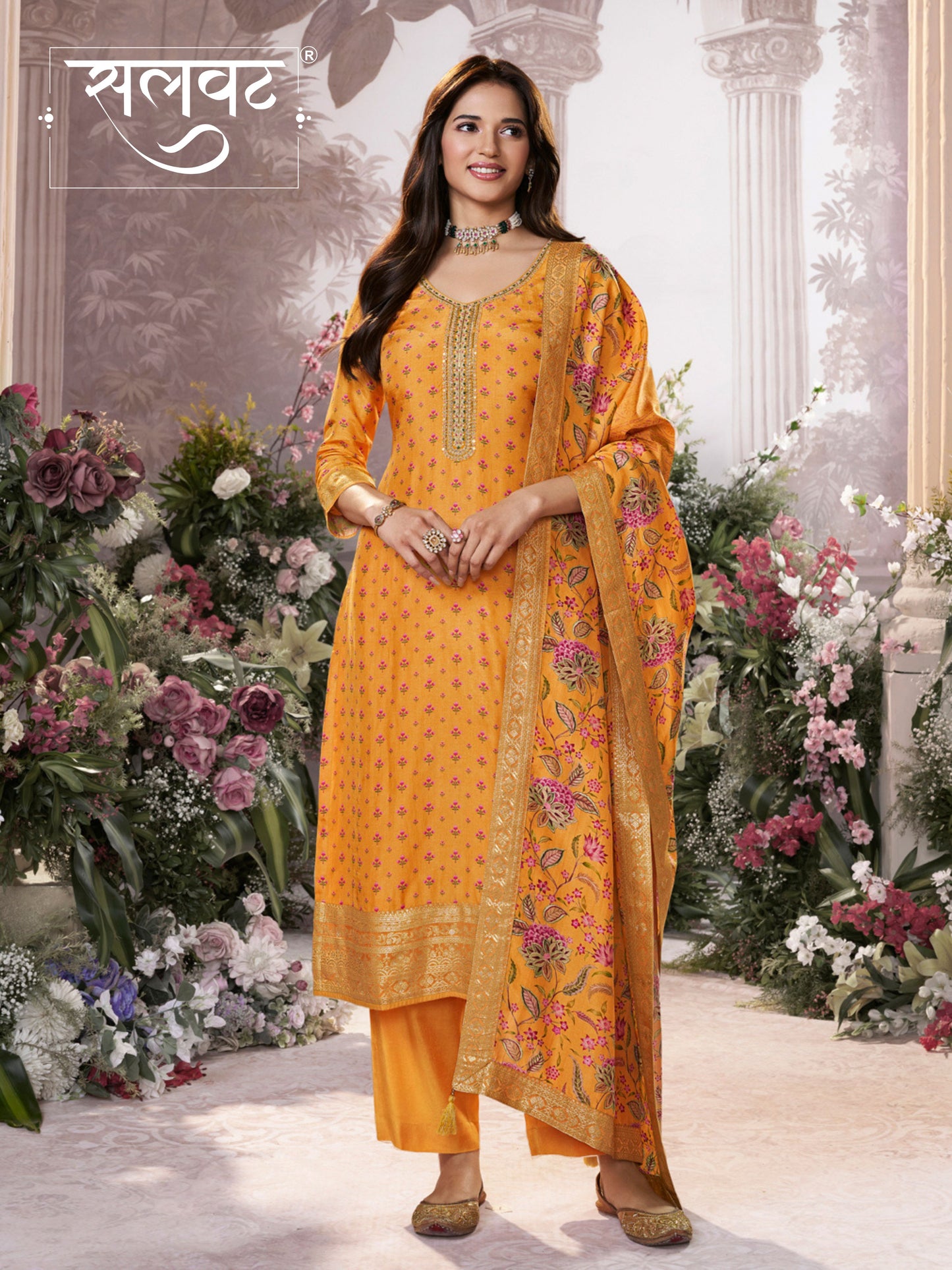 Yellow Russian Silk Kurta Set with Digital Print Work Paired with Russian Silk Digital Printed Duppatta