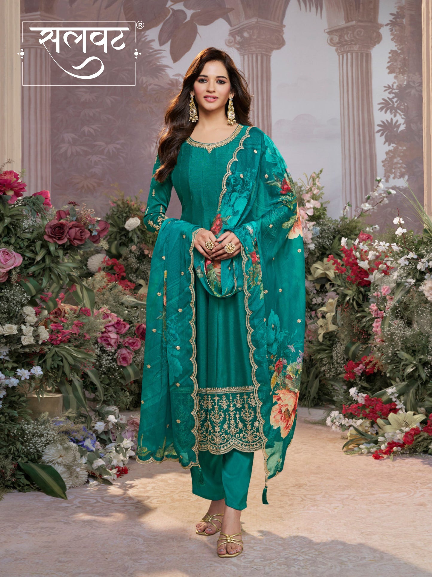 Green Vichitra Silk Embroidered Anarkali Set with Digital Printed Chiffon Dupatta