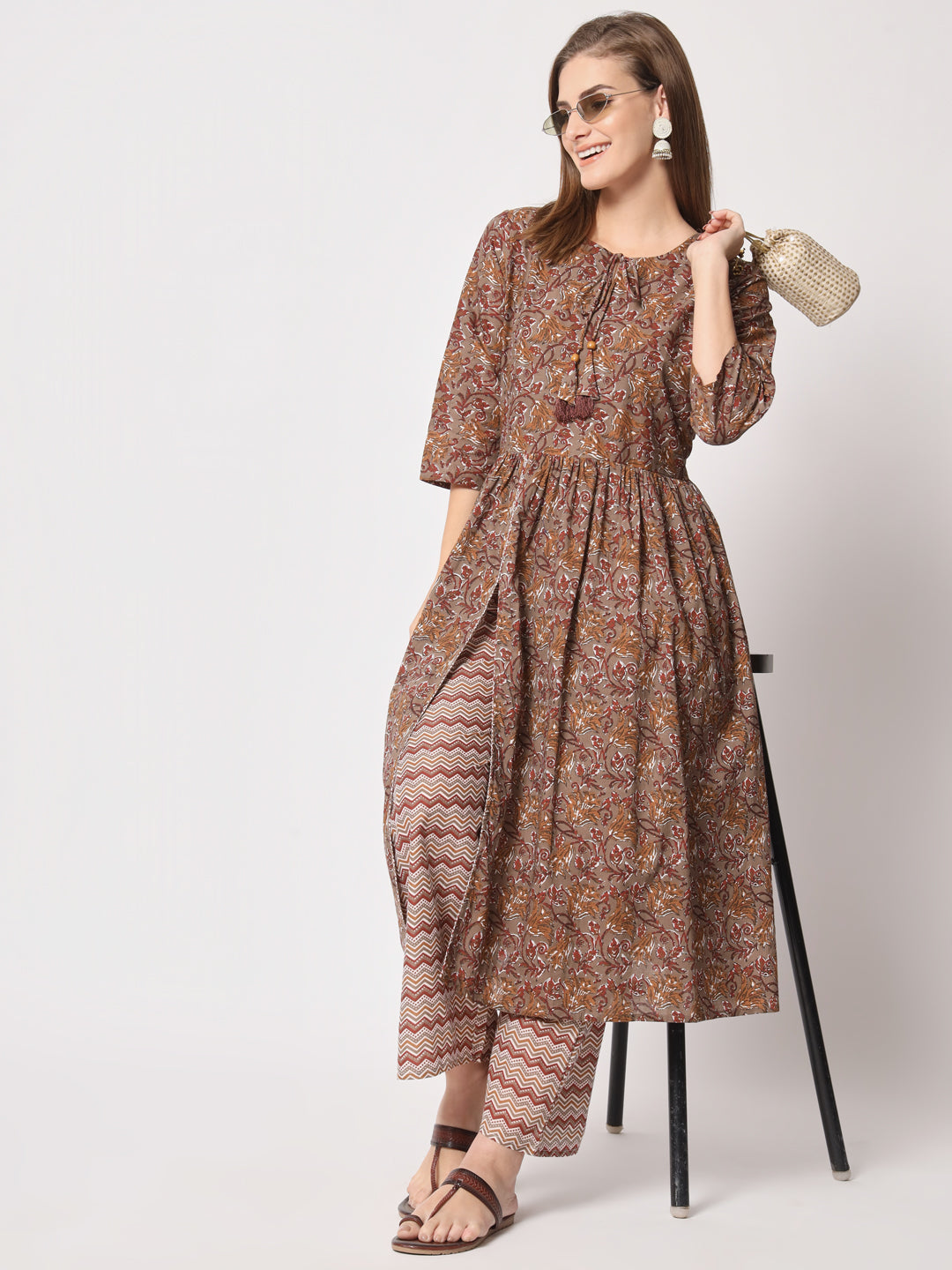 Brown Printed Everyday Cotton Kurta Set