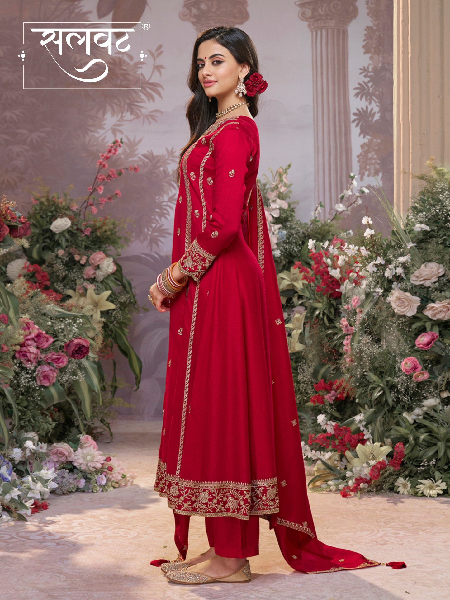 Red Vichitra Silk Kurta Suit Set with Embroidered Work Paired with Vichitra Silk Dupatta with Embroidered Work