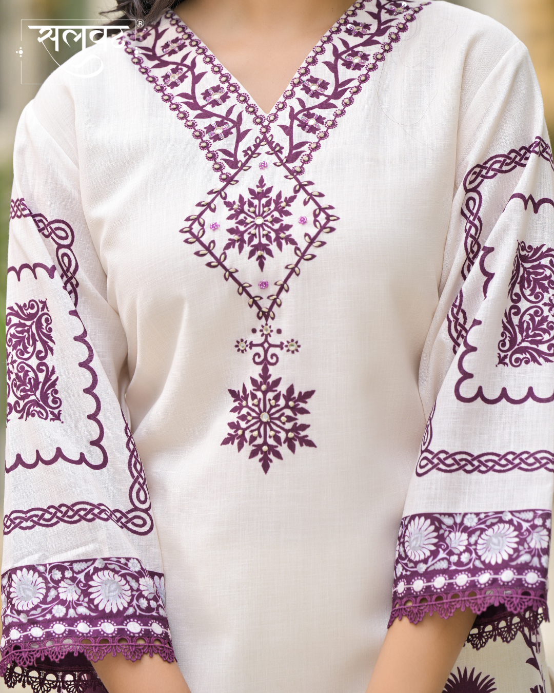 Cream & Wine Heavy Handwork Kurta Set With Printed Dupatta