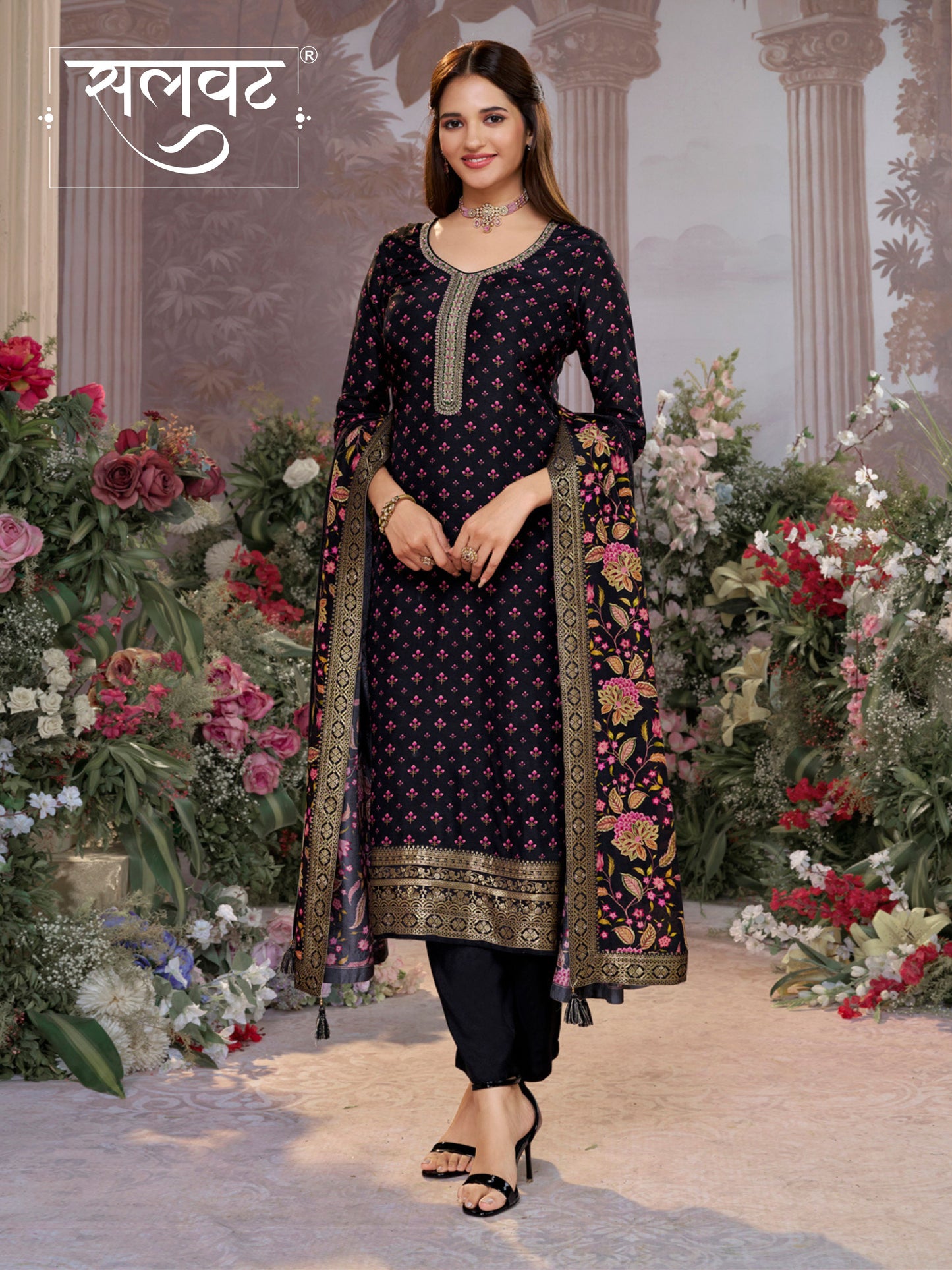 Black Russian Silk Kurta Set with Digital Print Work Paired with Russian Silk Digital Printed Duppatta