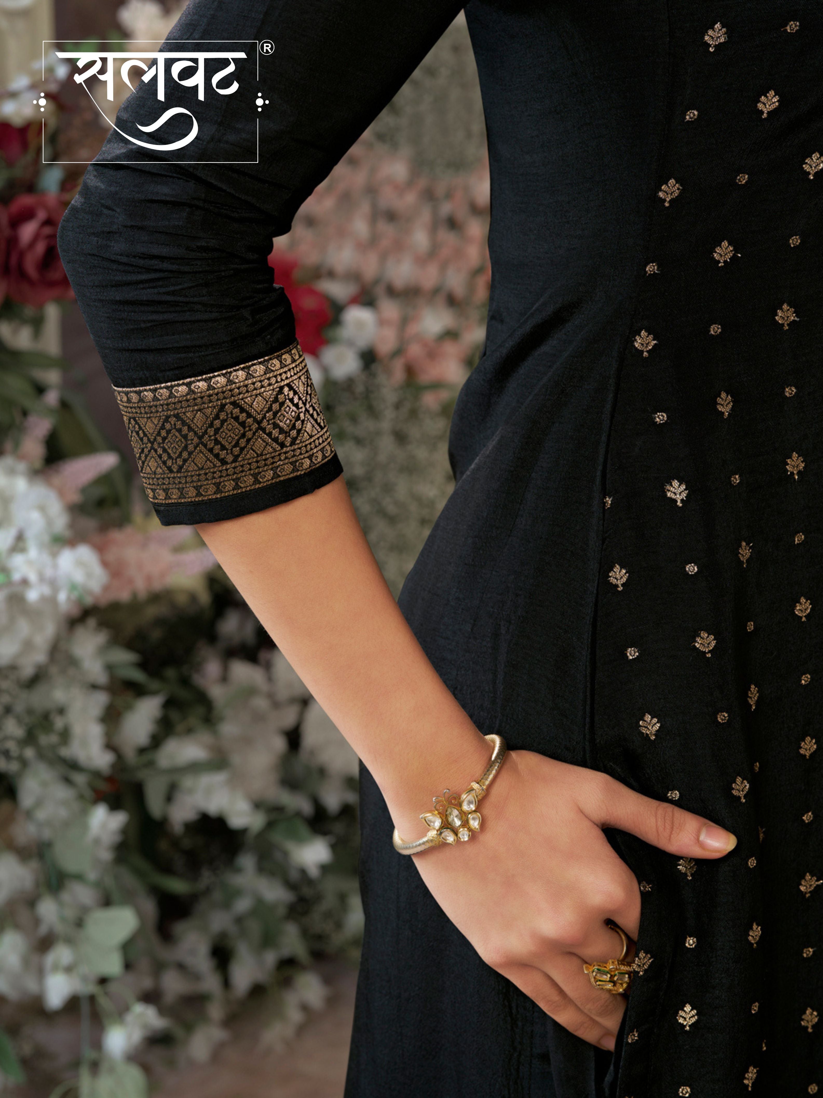 Black Dola Silk Kurta Set with Jacquard Detailing and Intricate Embroidery, Paired with a Cherry Silk Dupatta