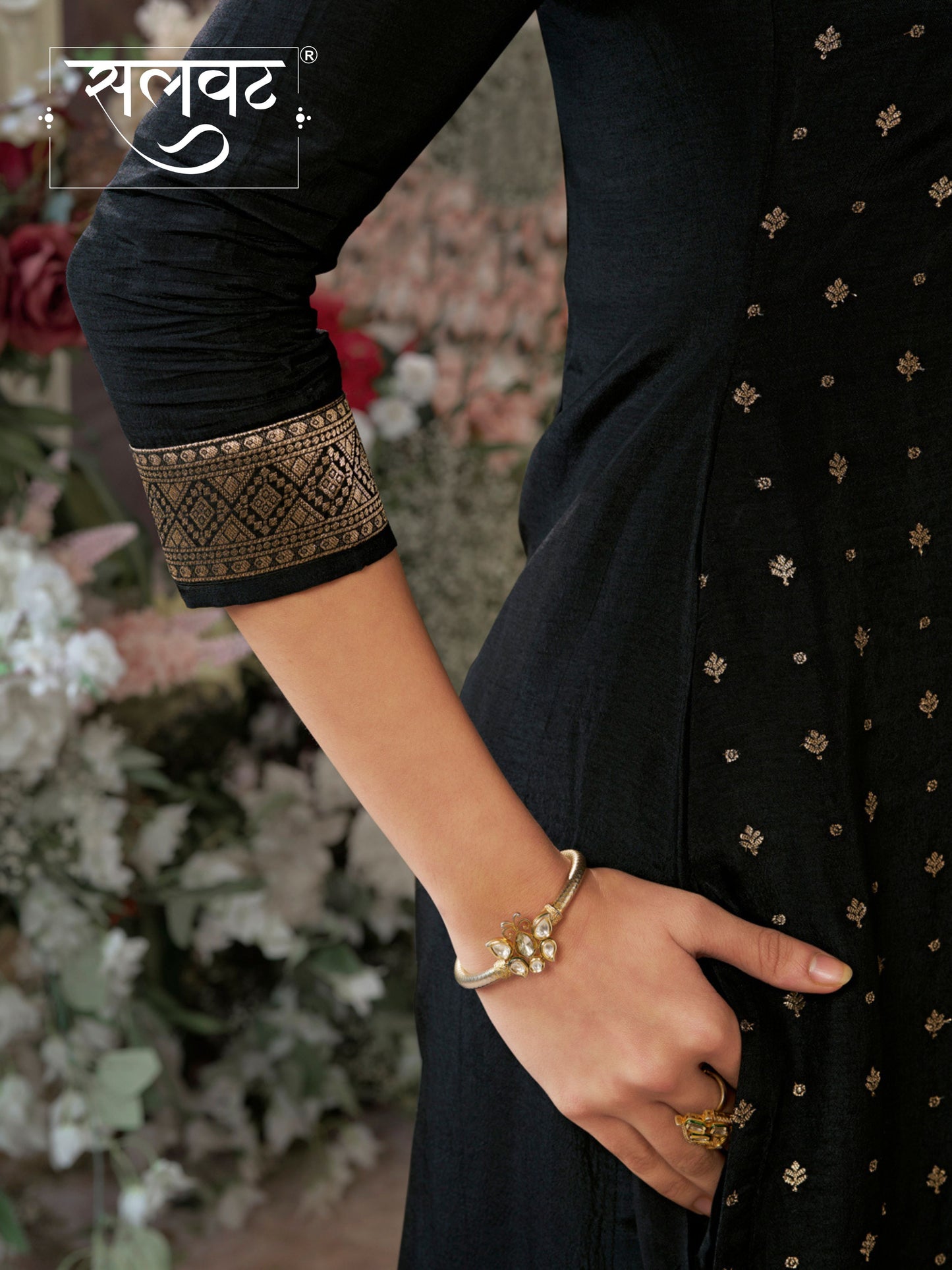 Black Dola Silk Kurta Set with Jacquard Detailing and Intricate Embroidery, Paired with a Cherry Silk Dupatta