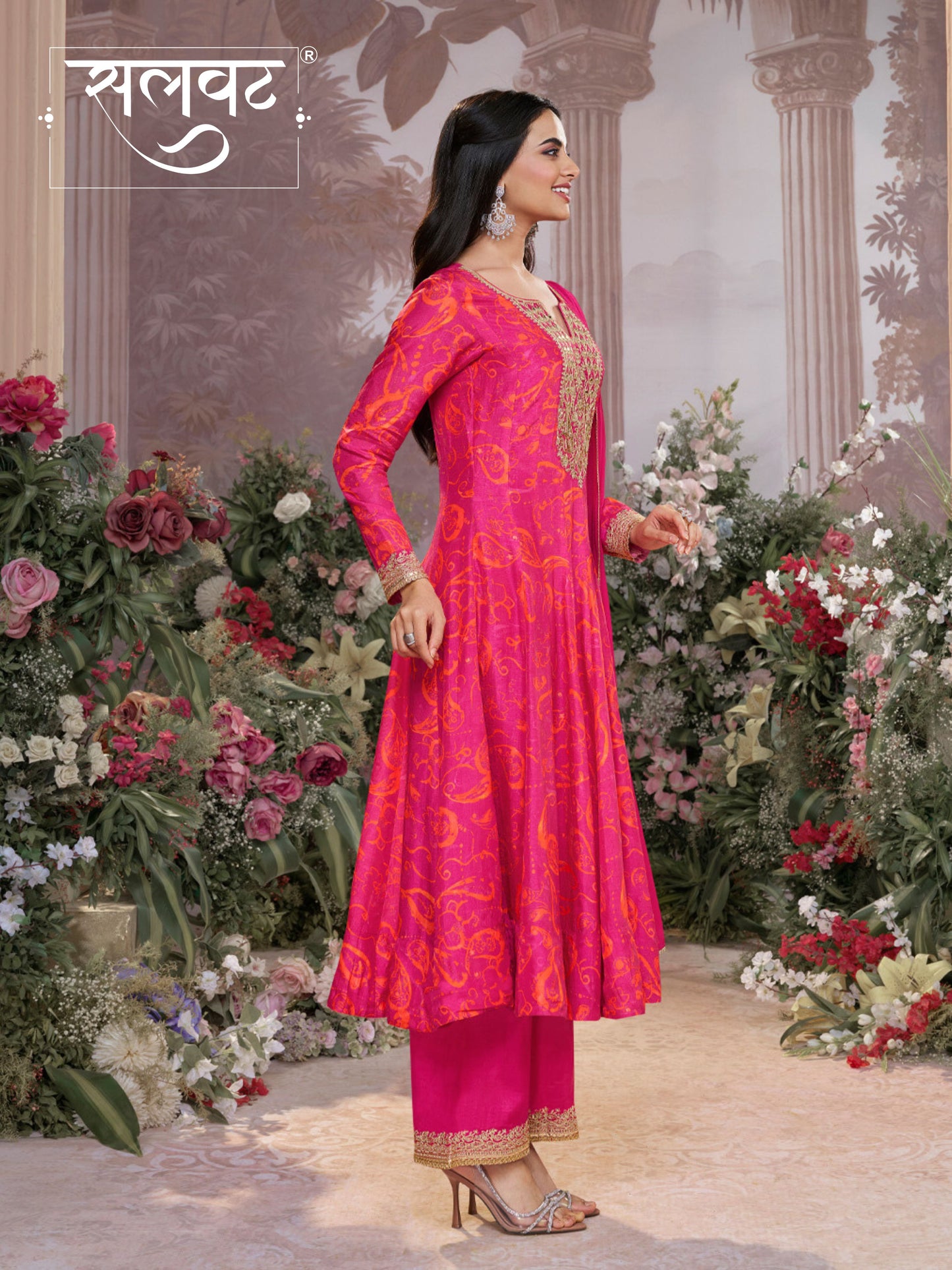 Pink Digital Printed Mirror Embroidered Anarkali Suit Set